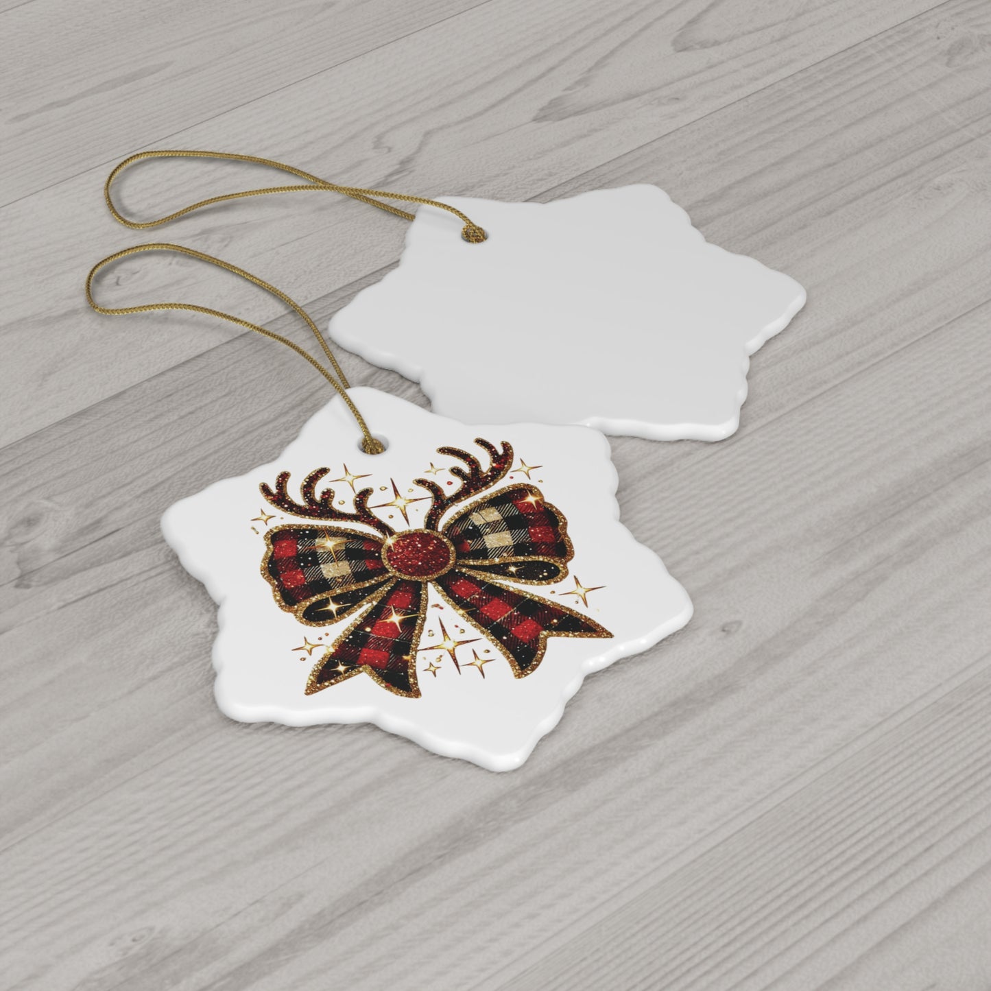 Reindeer Christmas Bow Ceramic Ornament; Christmas Decor, Festive Christmas Decoration, Holiday Tree Decor