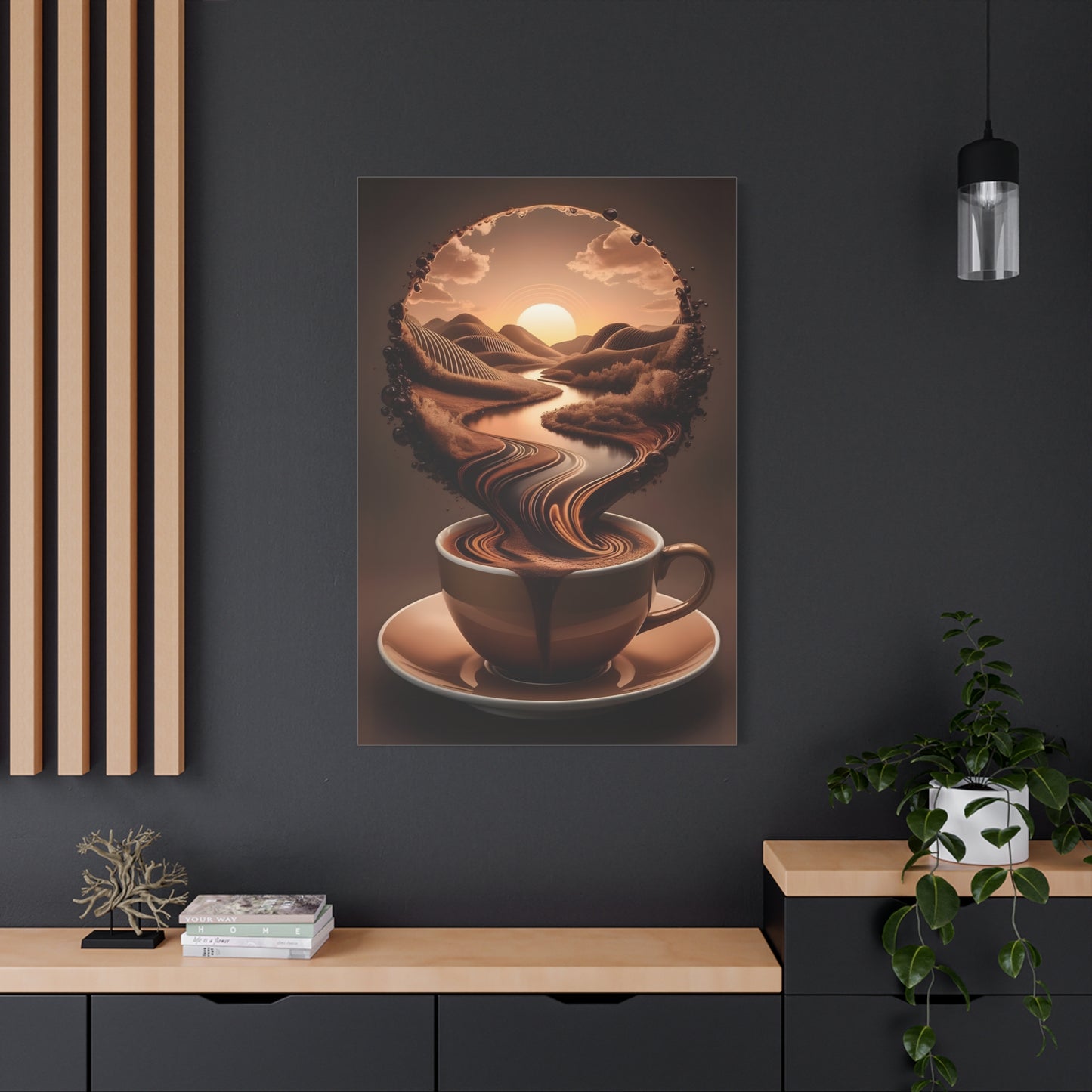 Coffee Art Wall Canva Print – Surreal Sunset Landscape in a Cup - Modern Kitchen & Café Decor