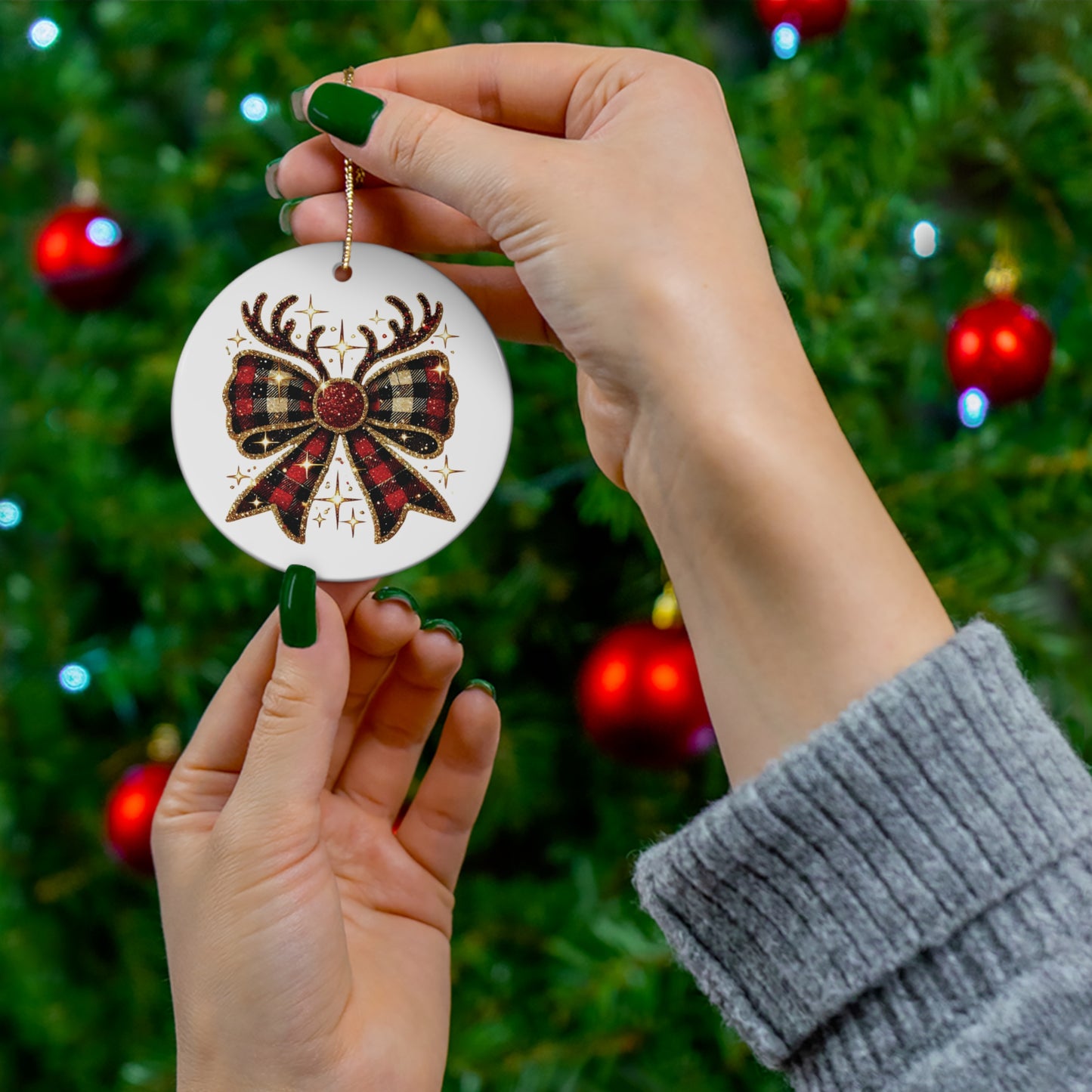 Reindeer Christmas Bow Ceramic Ornament; Christmas Decor, Festive Christmas Decoration, Holiday Tree Decor