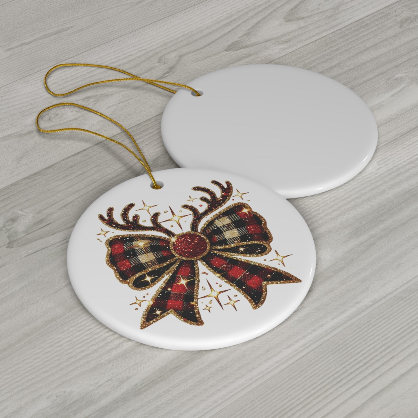 Reindeer Christmas Bow Ceramic Ornament; Christmas Decor, Festive Christmas Decoration, Holiday Tree Decor