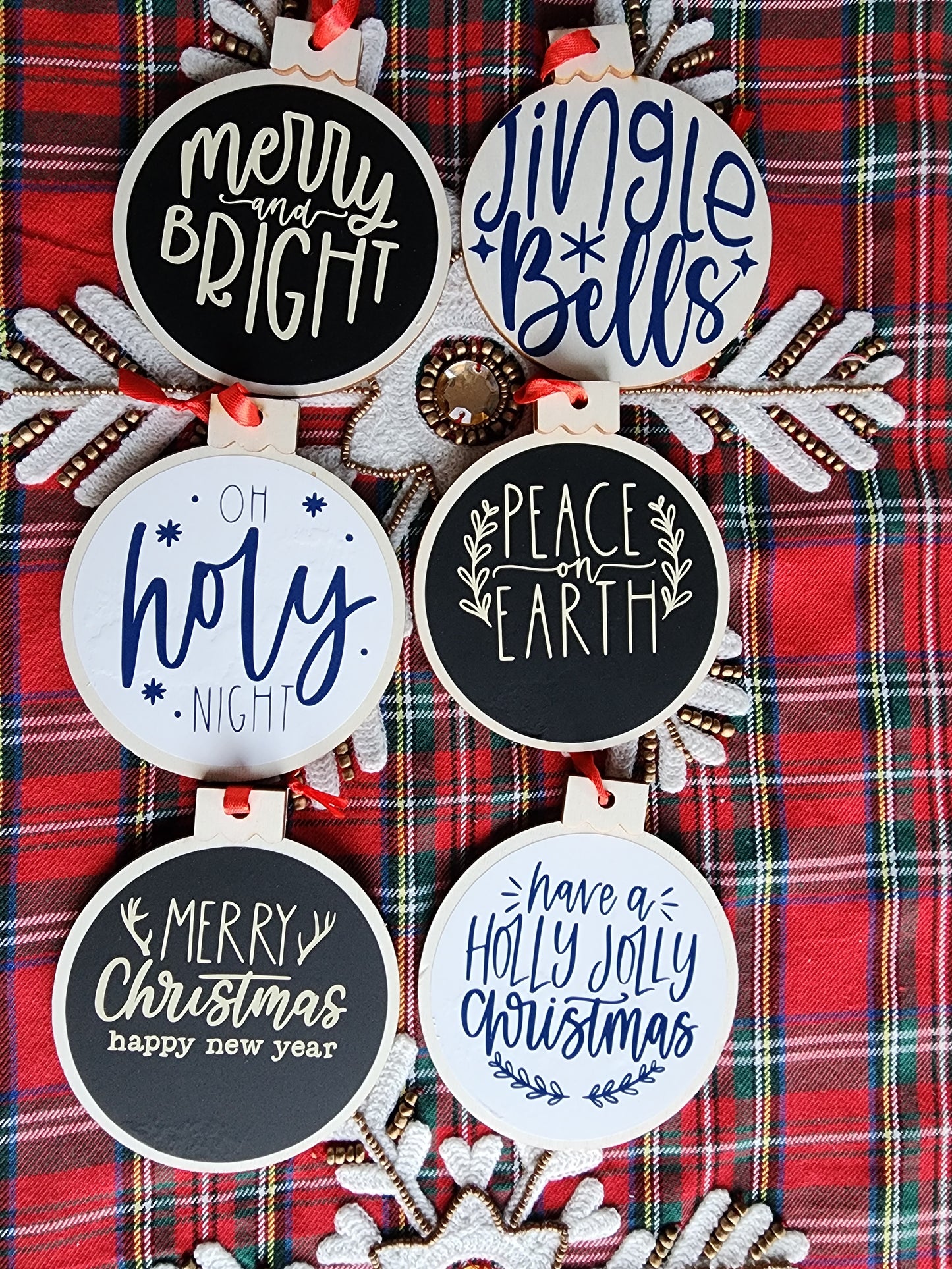 Peace on Earth, Merry Christmas, Jingle Bells (Set of 6) Christmas Ornaments