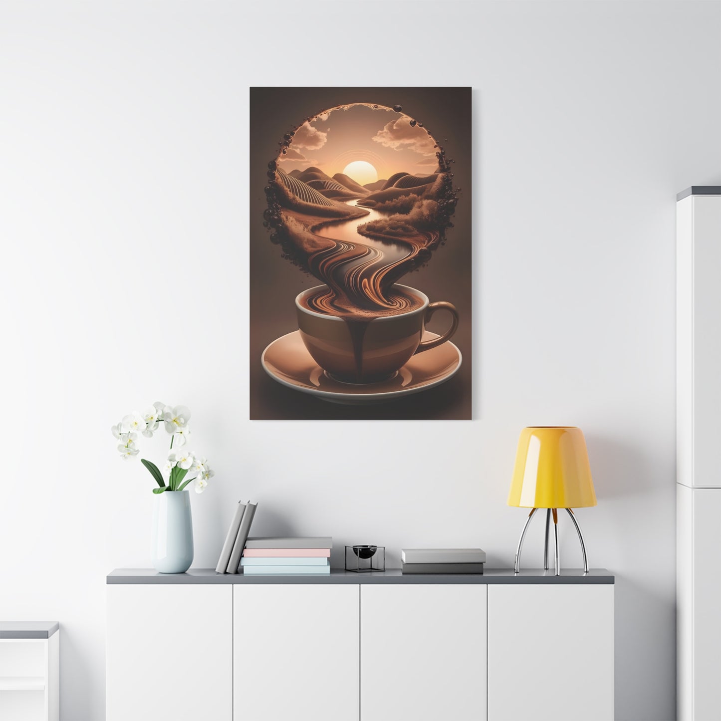 Coffee Art Wall Canva Print – Surreal Sunset Landscape in a Cup - Modern Kitchen & Café Decor
