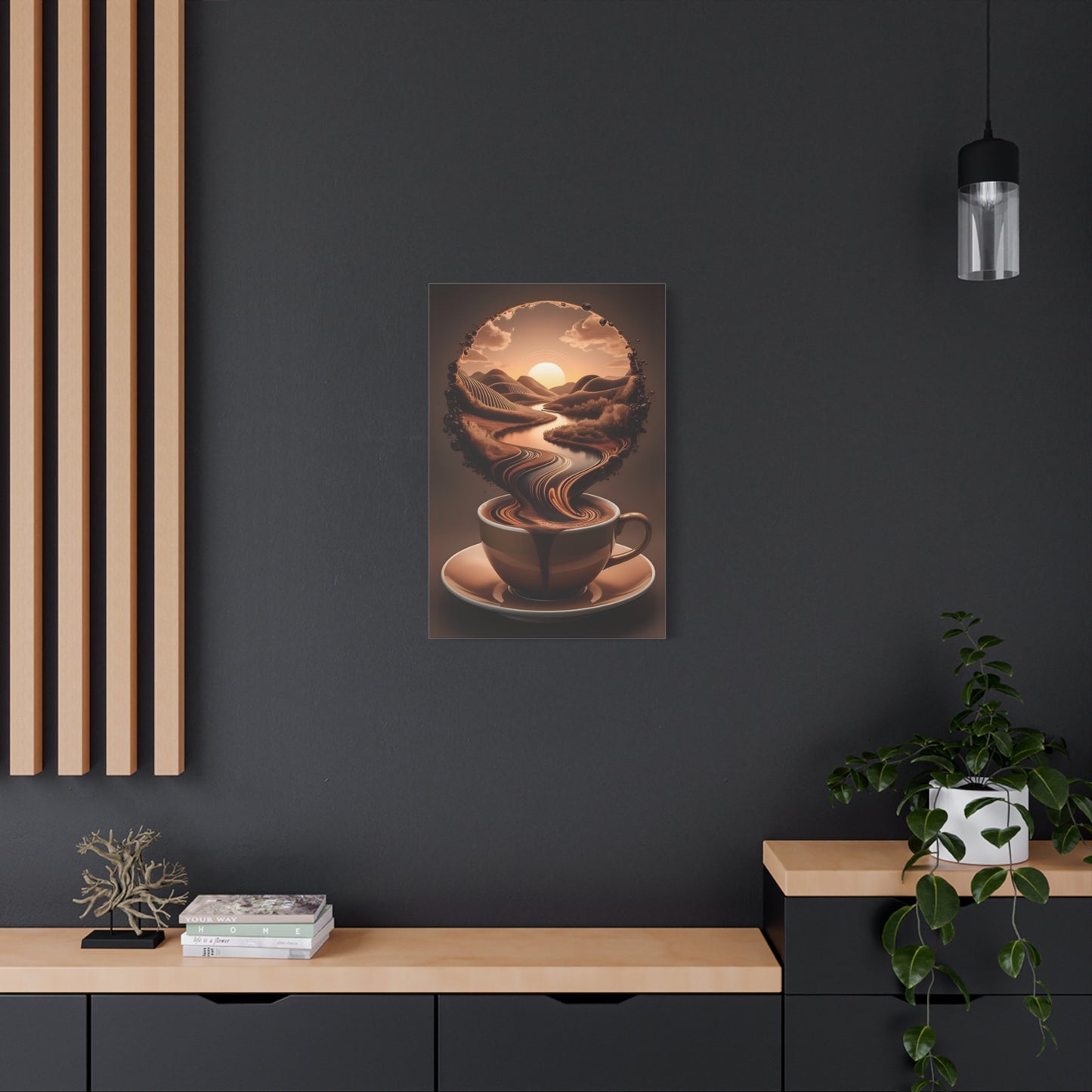 Coffee Art Wall Canva Print – Surreal Sunset Landscape in a Cup - Modern Kitchen & Café Decor