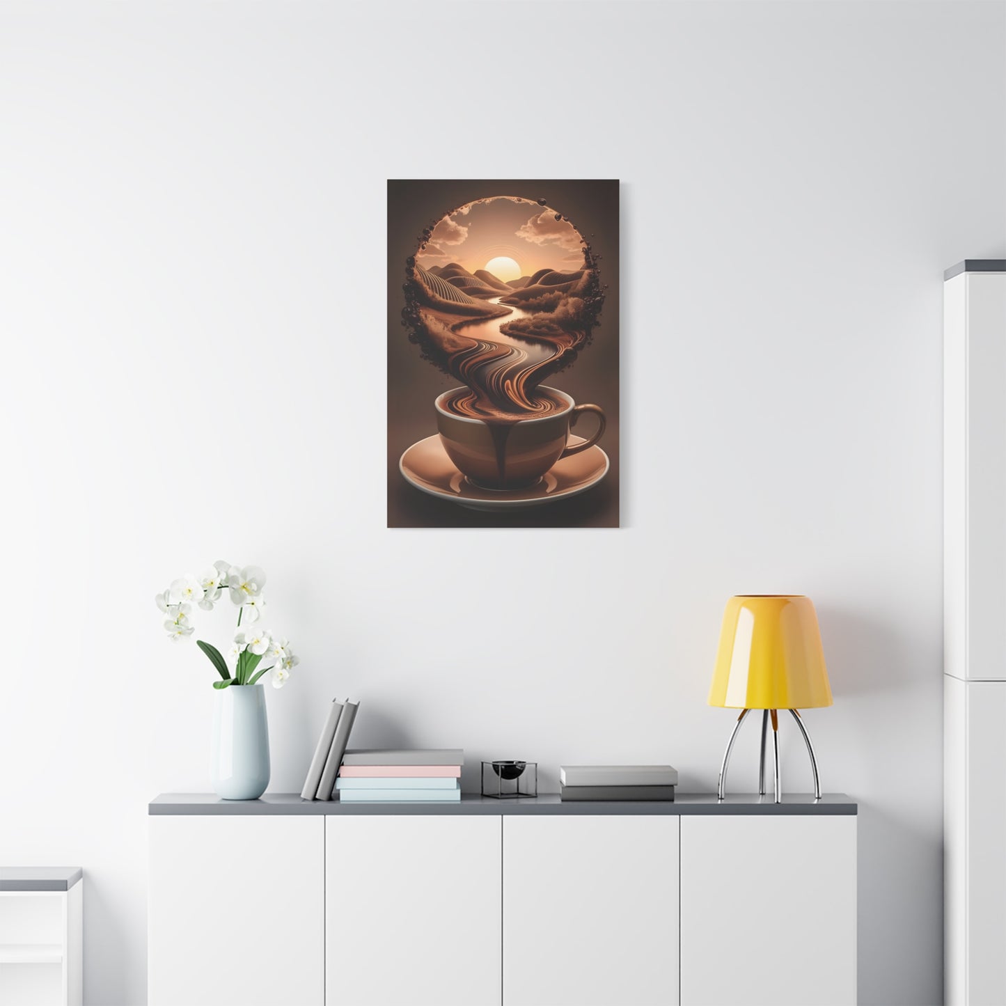 Coffee Art Wall Canva Print – Surreal Sunset Landscape in a Cup - Modern Kitchen & Café Decor