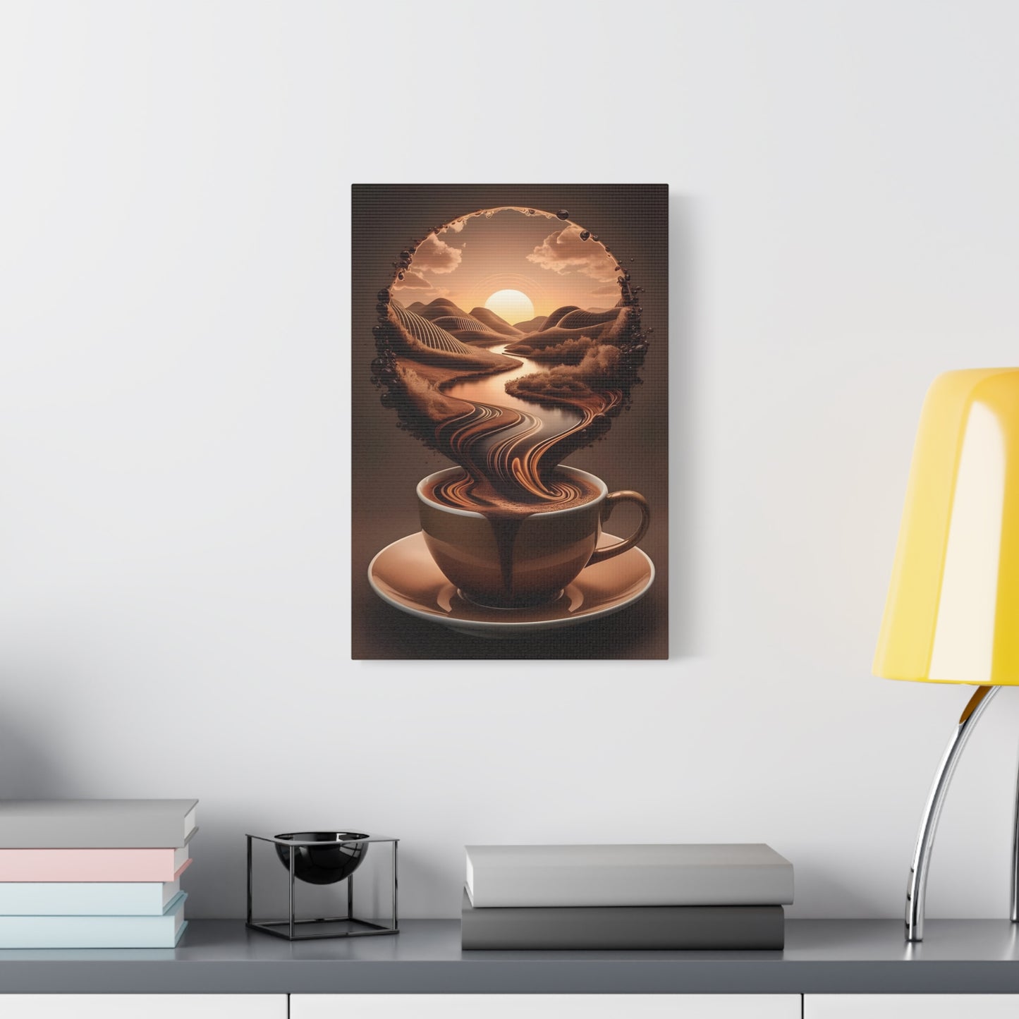 Coffee Art Wall Canva Print – Surreal Sunset Landscape in a Cup - Modern Kitchen & Café Decor