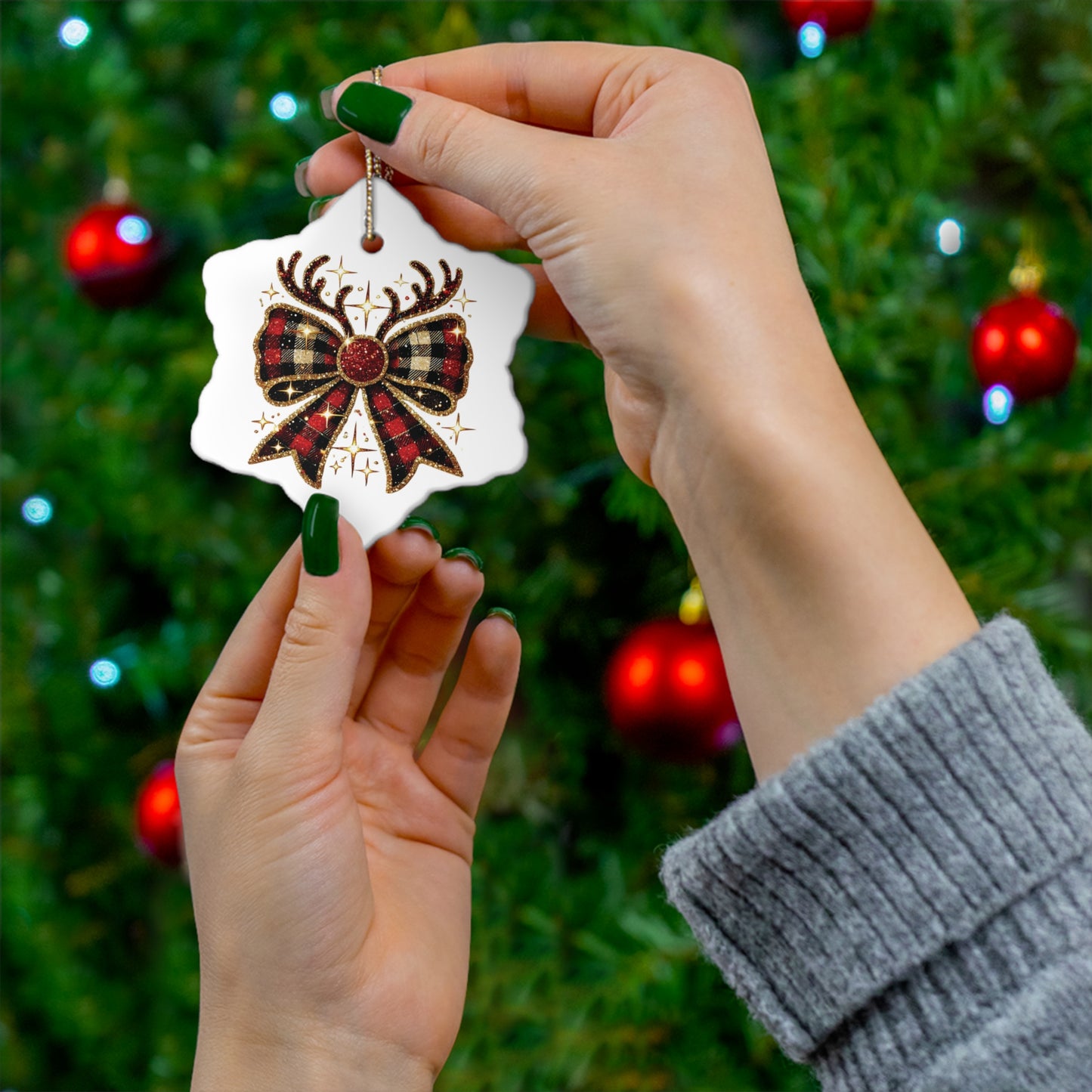 Reindeer Christmas Bow Ceramic Ornament; Christmas Decor, Festive Christmas Decoration, Holiday Tree Decor