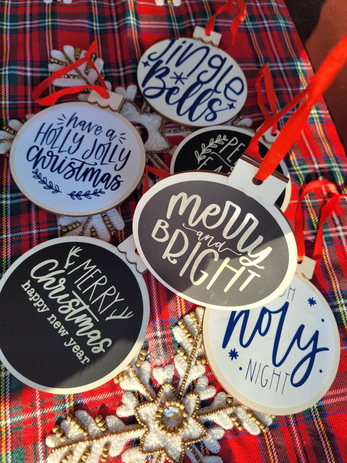 Peace on Earth, Merry Christmas, Jingle Bells (Set of 6) Christmas Ornaments