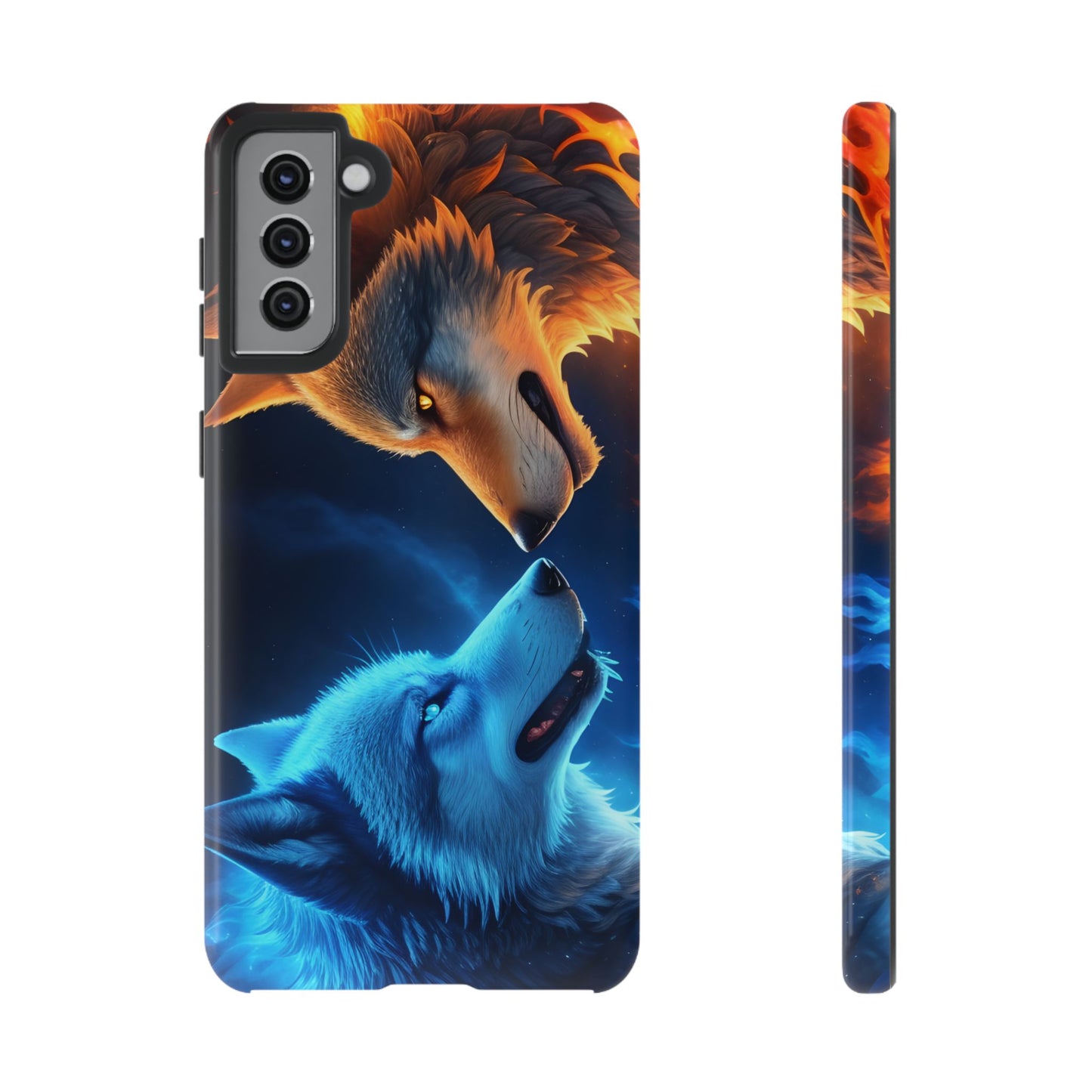 Fire Wolf and Ice Wolf Tough Phone Case – Dual Element Wolf Design, Protective Cover for Animal Lovers