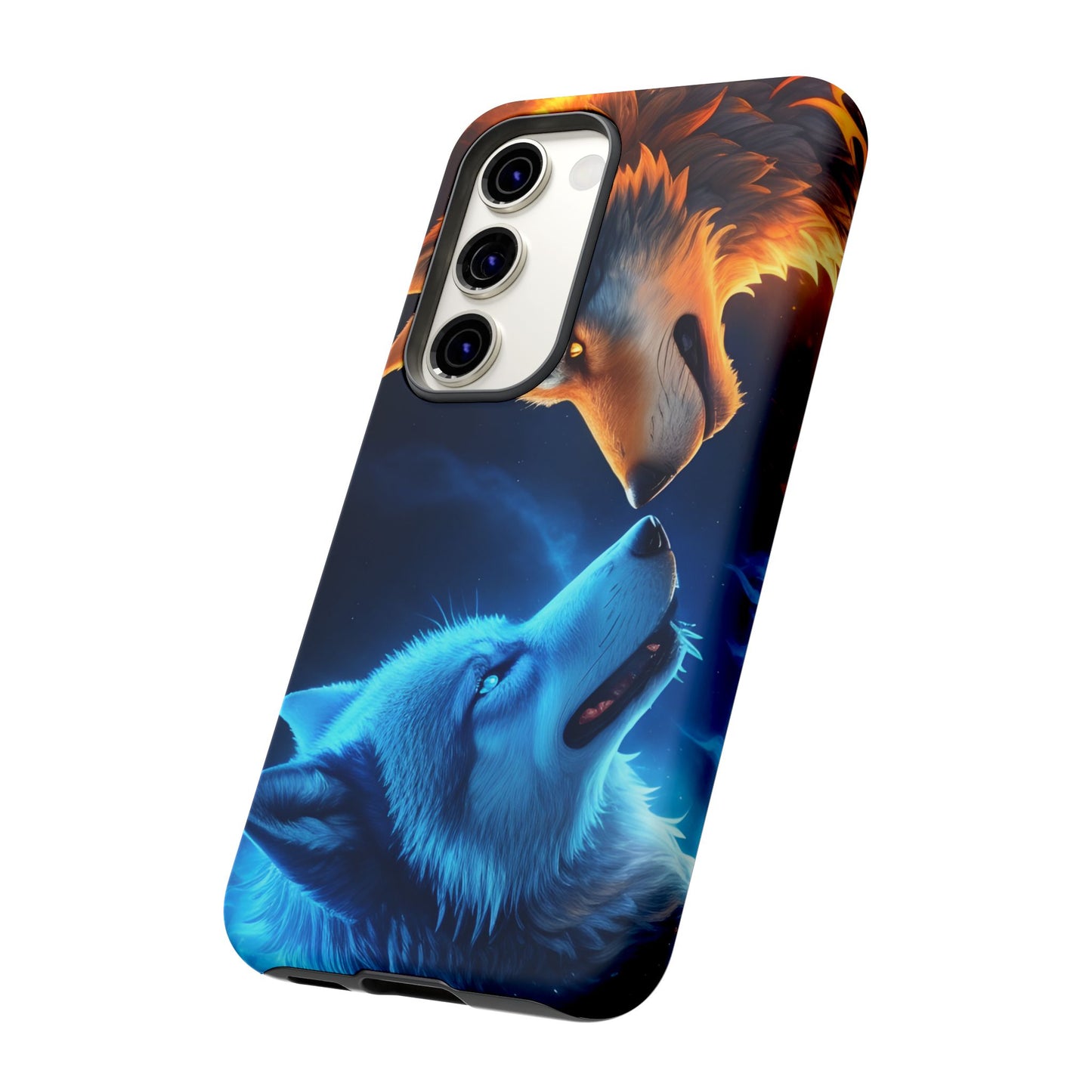 Fire Wolf and Ice Wolf Tough Phone Case – Dual Element Wolf Design, Protective Cover for Animal Lovers