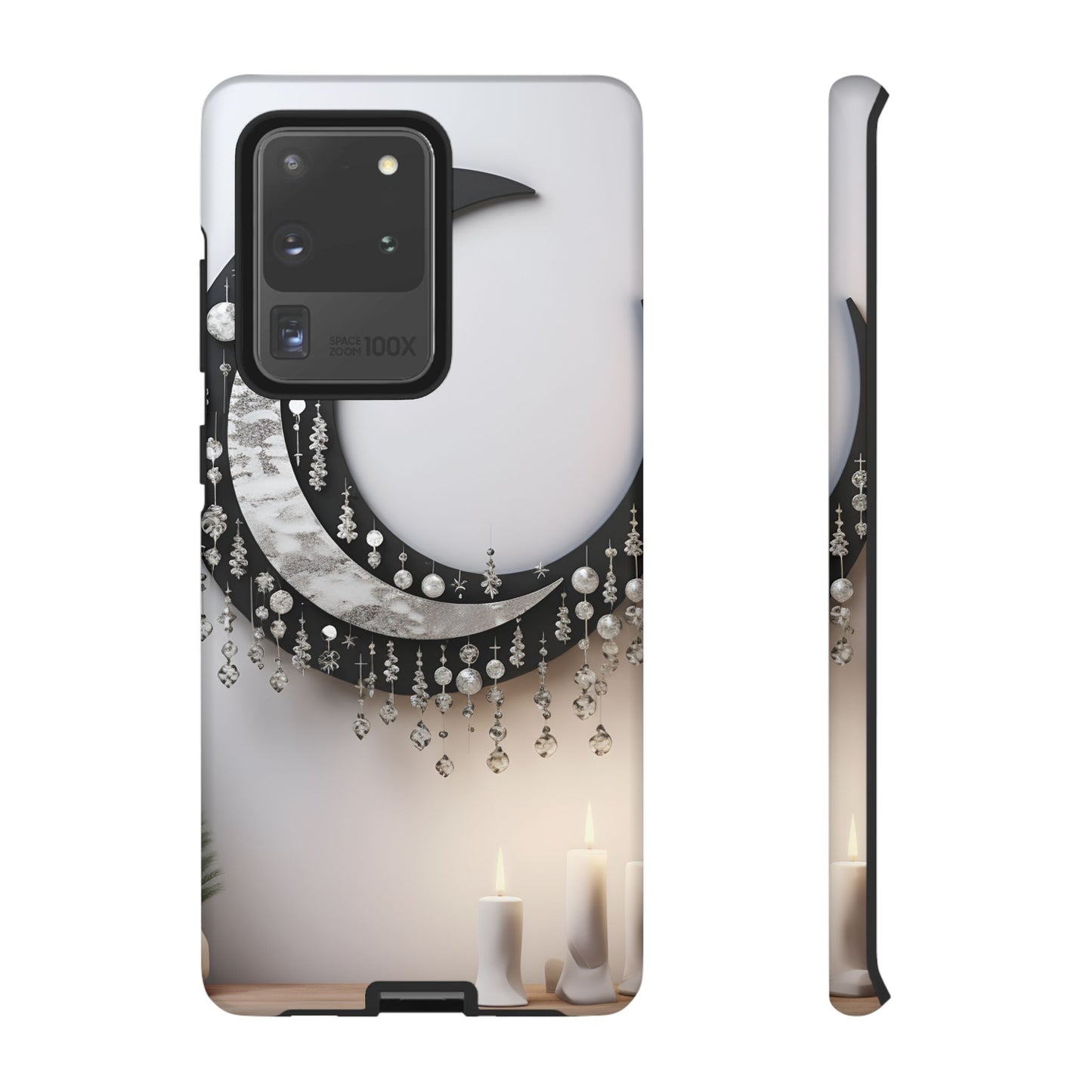 Christmas Crescent Phone Case – Diamond Hanging & Candle Art, Festive Holiday Design Protective Cover