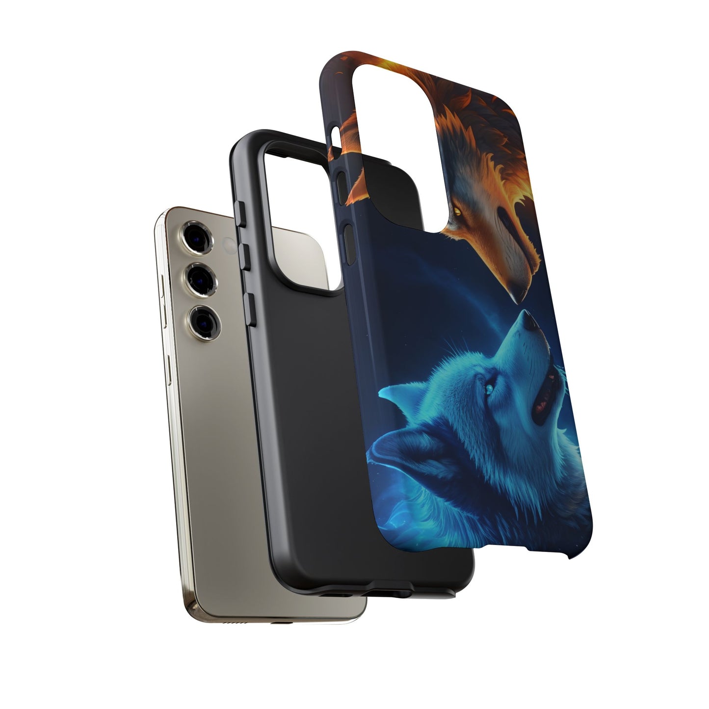 Fire Wolf and Ice Wolf Tough Phone Case – Dual Element Wolf Design, Protective Cover for Animal Lovers