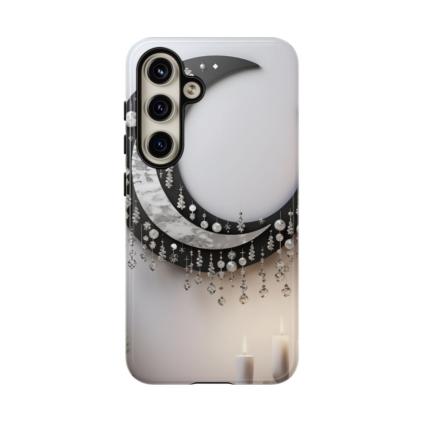 Christmas Crescent Phone Case – Diamond Hanging & Candle Art, Festive Holiday Design Protective Cover