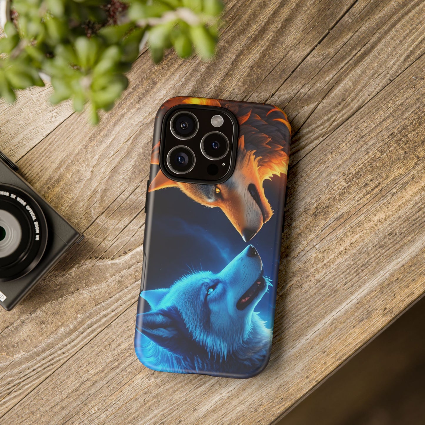 Fire Wolf and Ice Wolf Tough Phone Case – Dual Element Wolf Design, Protective Cover for Animal Lovers