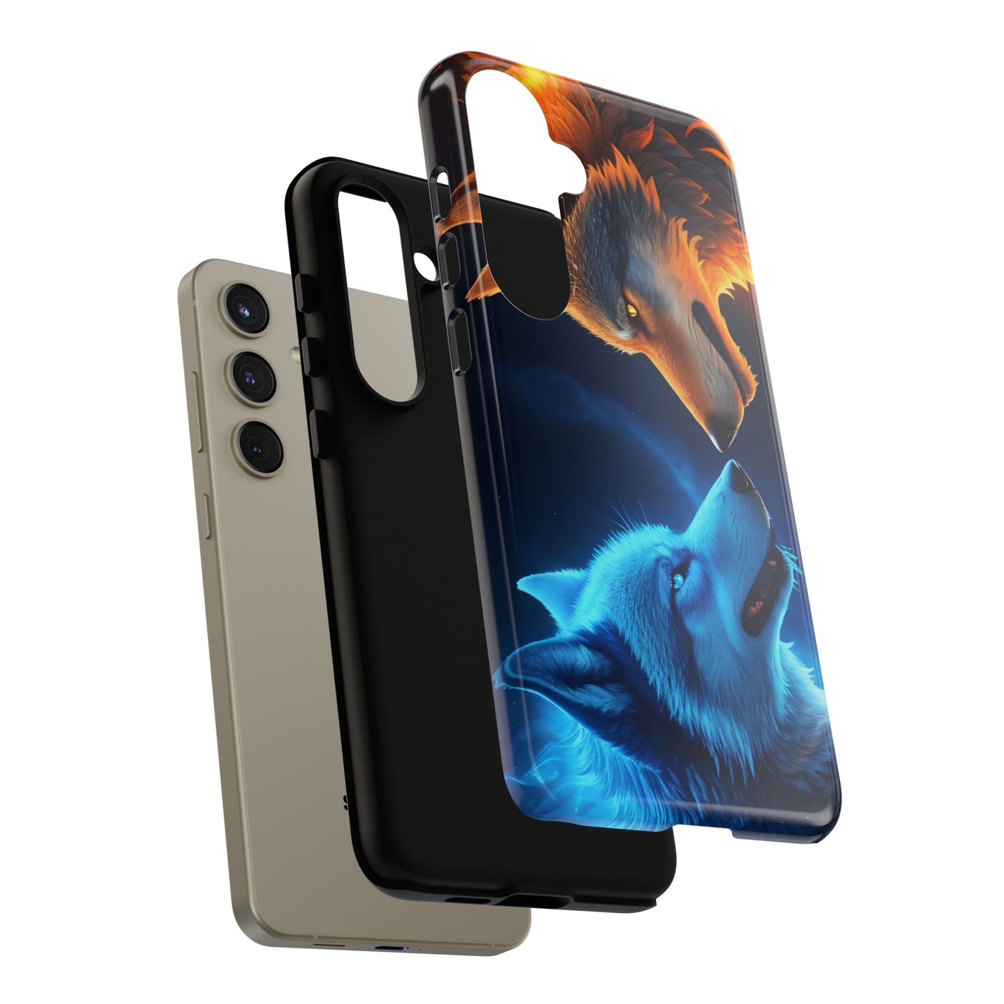 Fire Wolf and Ice Wolf Tough Phone Case – Dual Element Wolf Design, Protective Cover for Animal Lovers