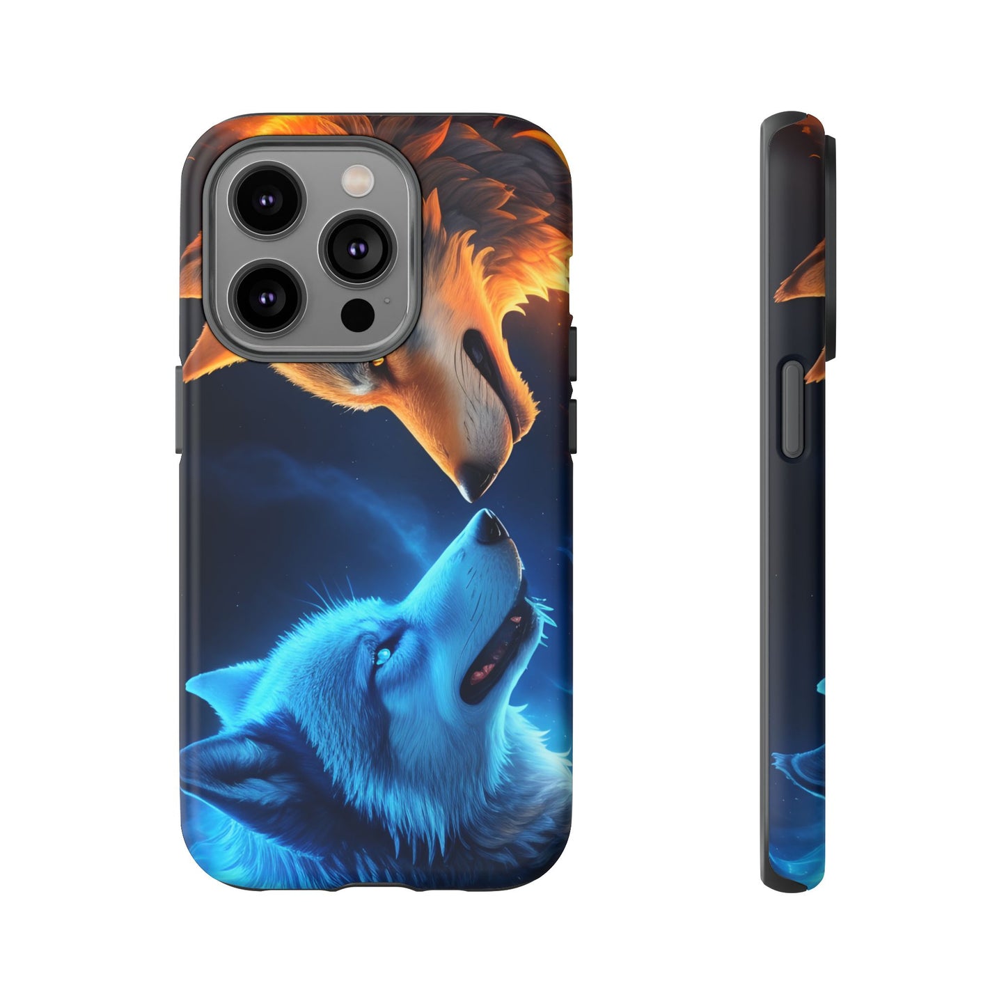 Fire Wolf and Ice Wolf Tough Phone Case – Dual Element Wolf Design, Protective Cover for Animal Lovers