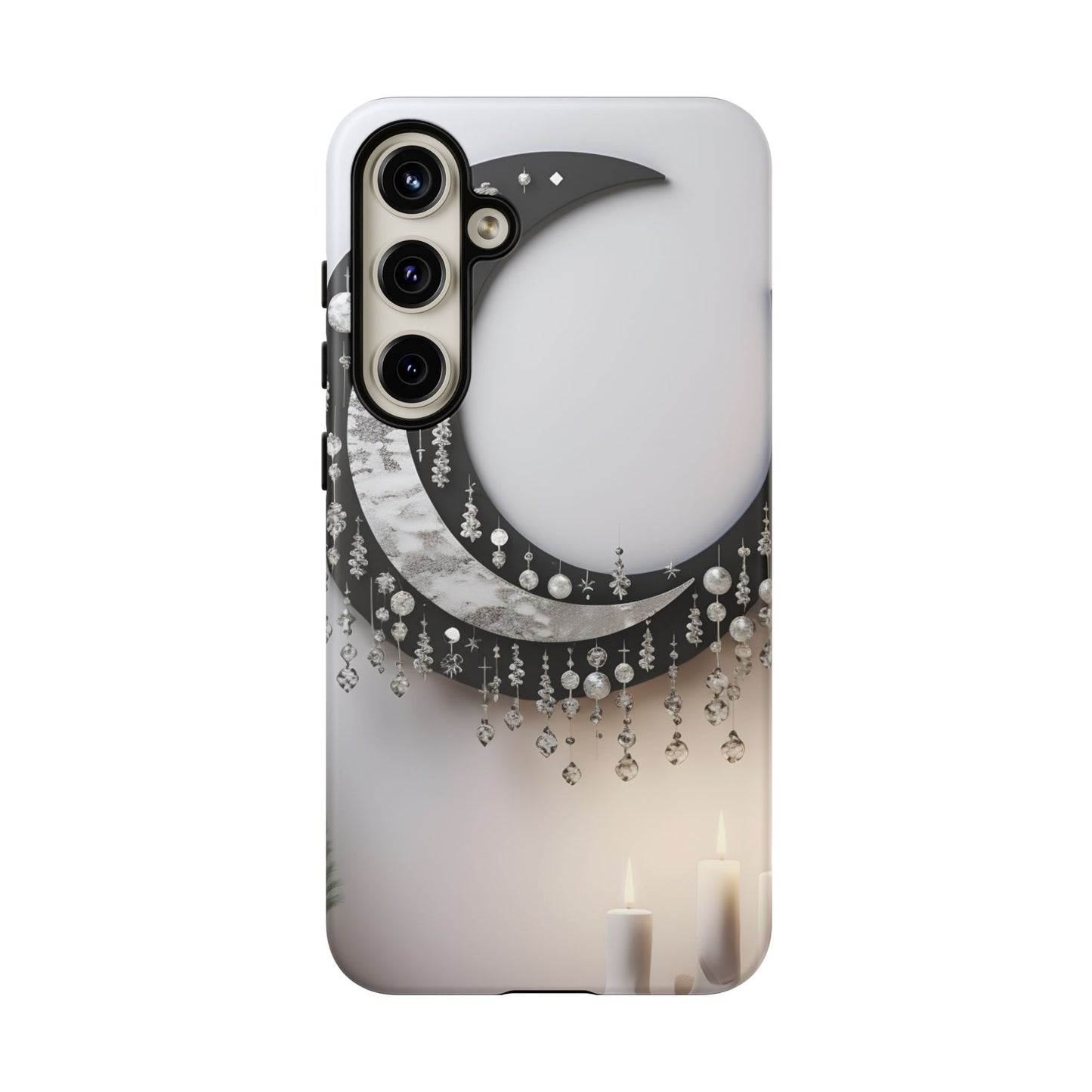 Christmas Crescent Phone Case – Diamond Hanging & Candle Art, Festive Holiday Design Protective Cover