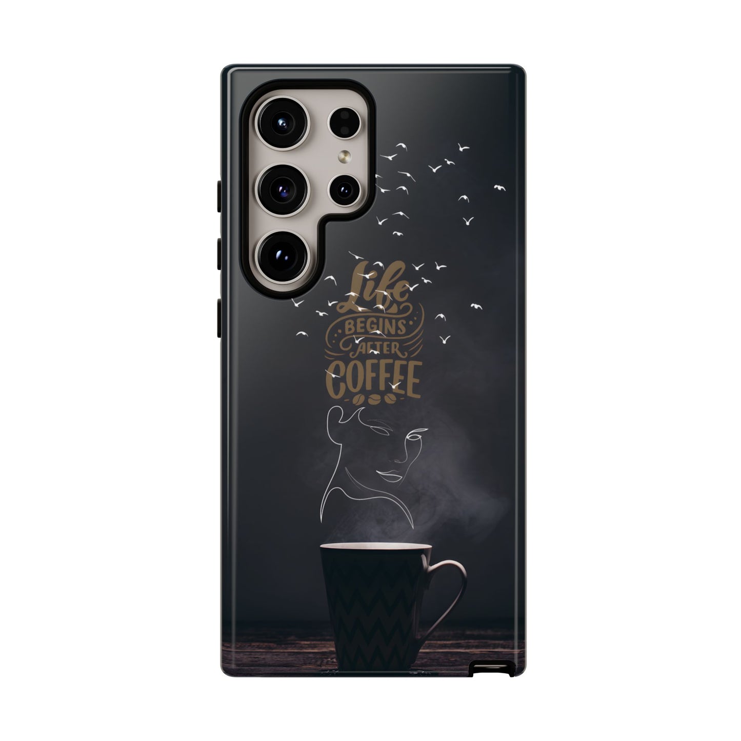 Life Begins After Coffee Phone Case – Coffee Mug Art with Woman's Face & Flying Birds, Unique Inspirational Design