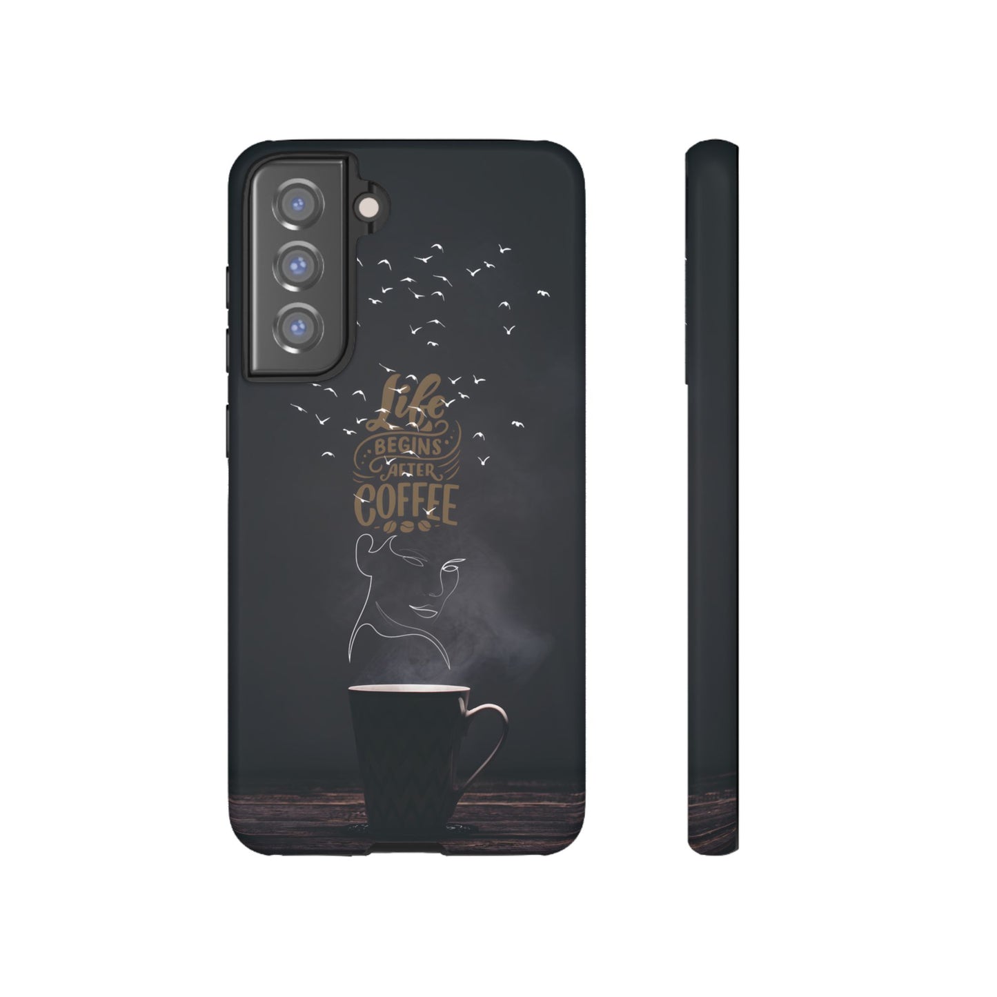 Life Begins After Coffee Phone Case – Coffee Mug Art with Woman's Face & Flying Birds, Unique Inspirational Design