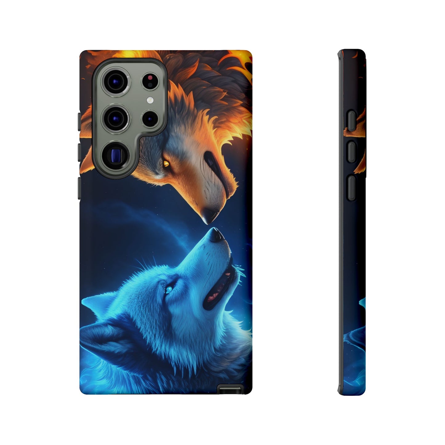 Fire Wolf and Ice Wolf Tough Phone Case – Dual Element Wolf Design, Protective Cover for Animal Lovers