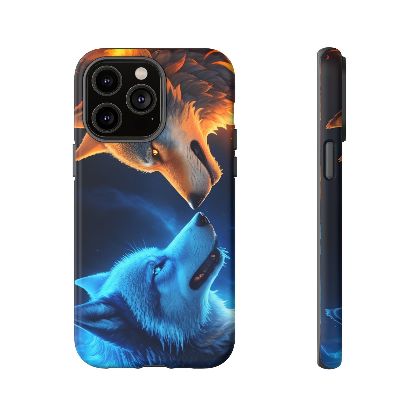 Fire Wolf and Ice Wolf Tough Phone Case – Dual Element Wolf Design, Protective Cover for Animal Lovers