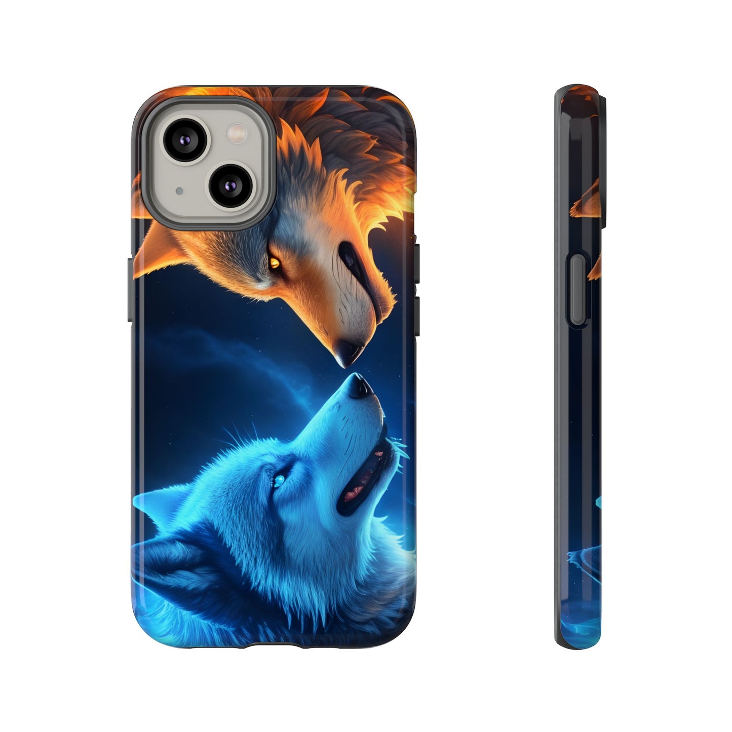 Fire Wolf and Ice Wolf Tough Phone Case – Dual Element Wolf Design, Protective Cover for Animal Lovers