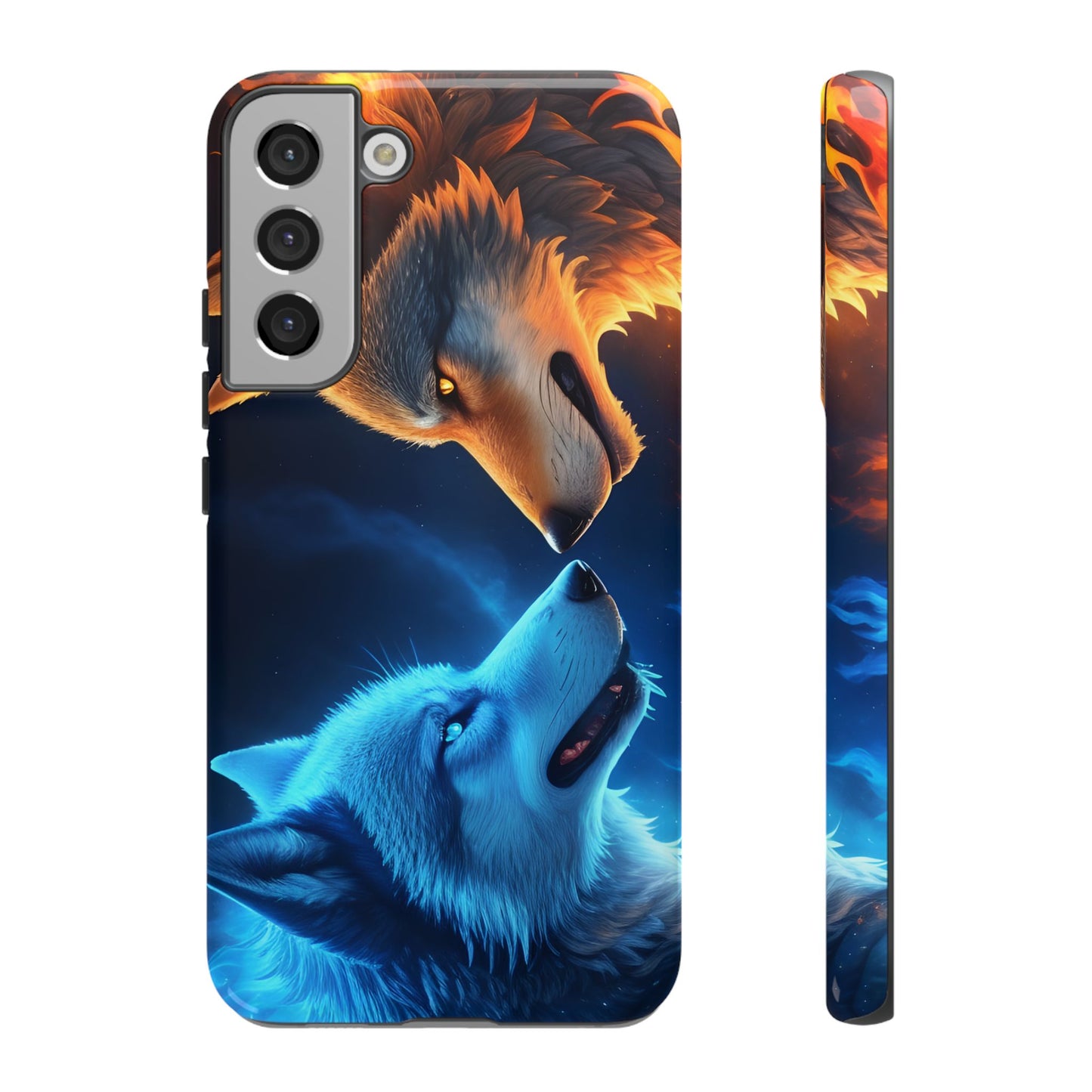 Fire Wolf and Ice Wolf Tough Phone Case – Dual Element Wolf Design, Protective Cover for Animal Lovers