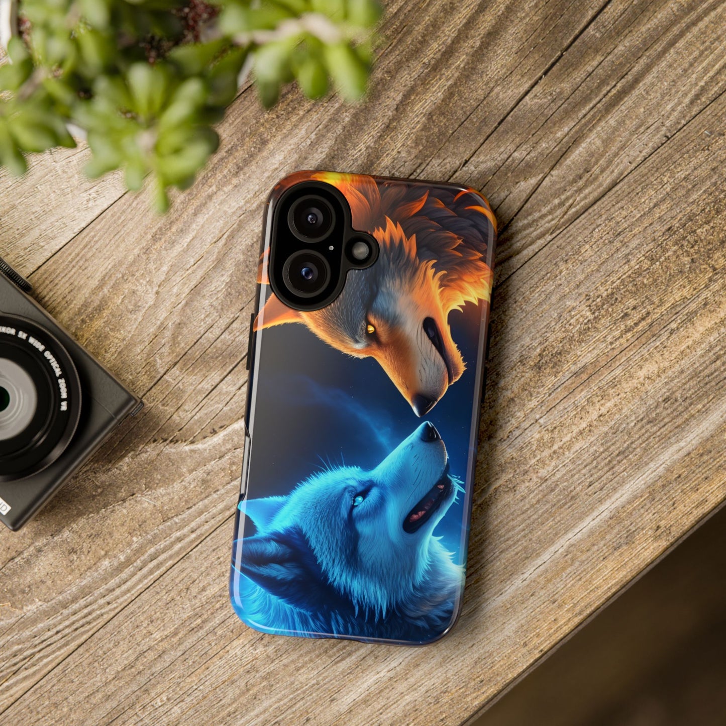 Fire Wolf and Ice Wolf Tough Phone Case – Dual Element Wolf Design, Protective Cover for Animal Lovers