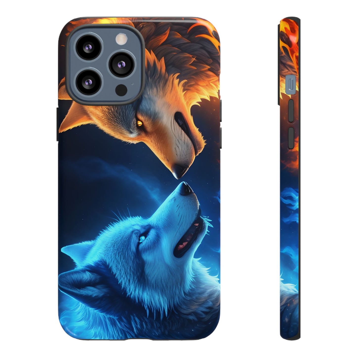 Fire Wolf and Ice Wolf Tough Phone Case – Dual Element Wolf Design, Protective Cover for Animal Lovers