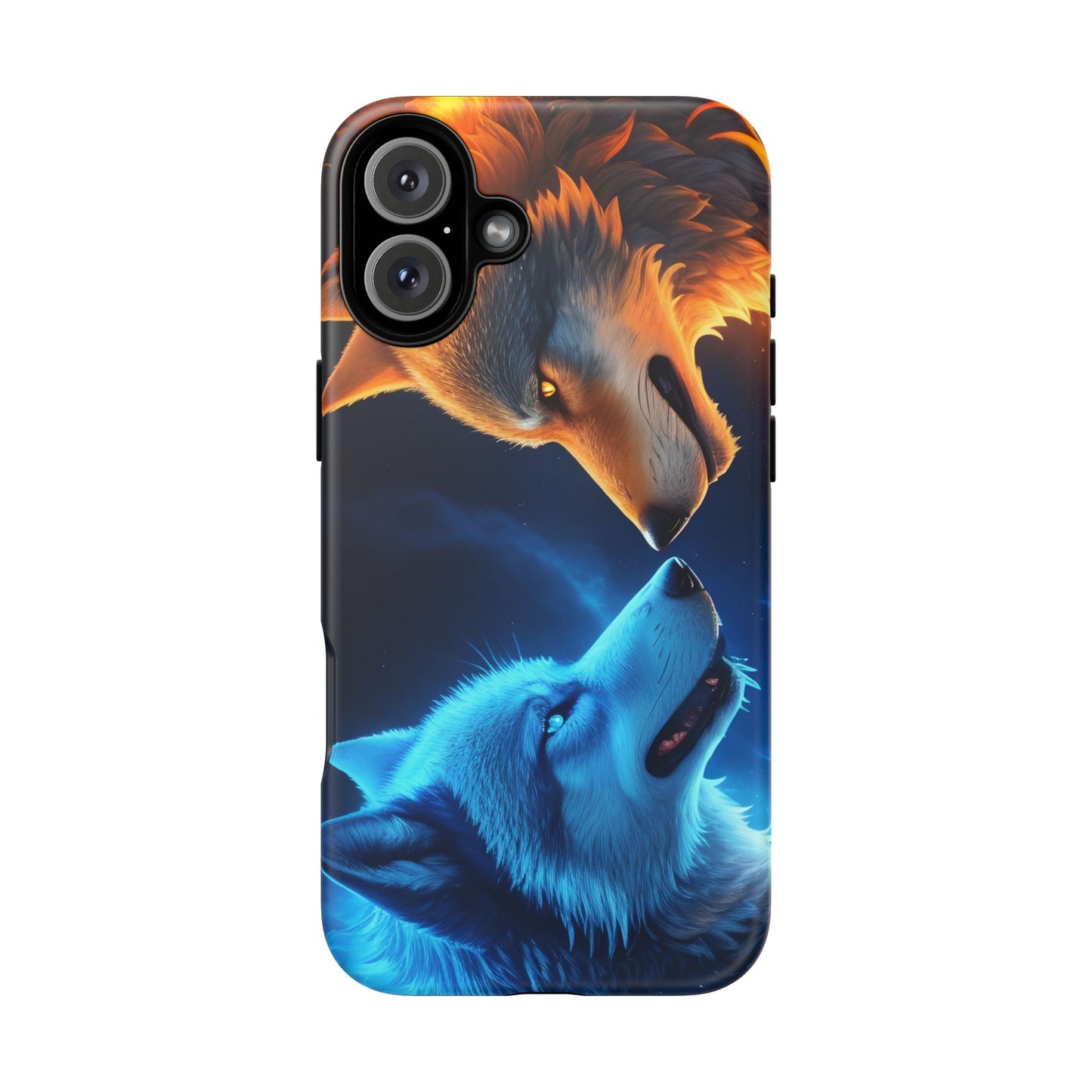 Fire Wolf and Ice Wolf Tough Phone Case – Dual Element Wolf Design, Protective Cover for Animal Lovers