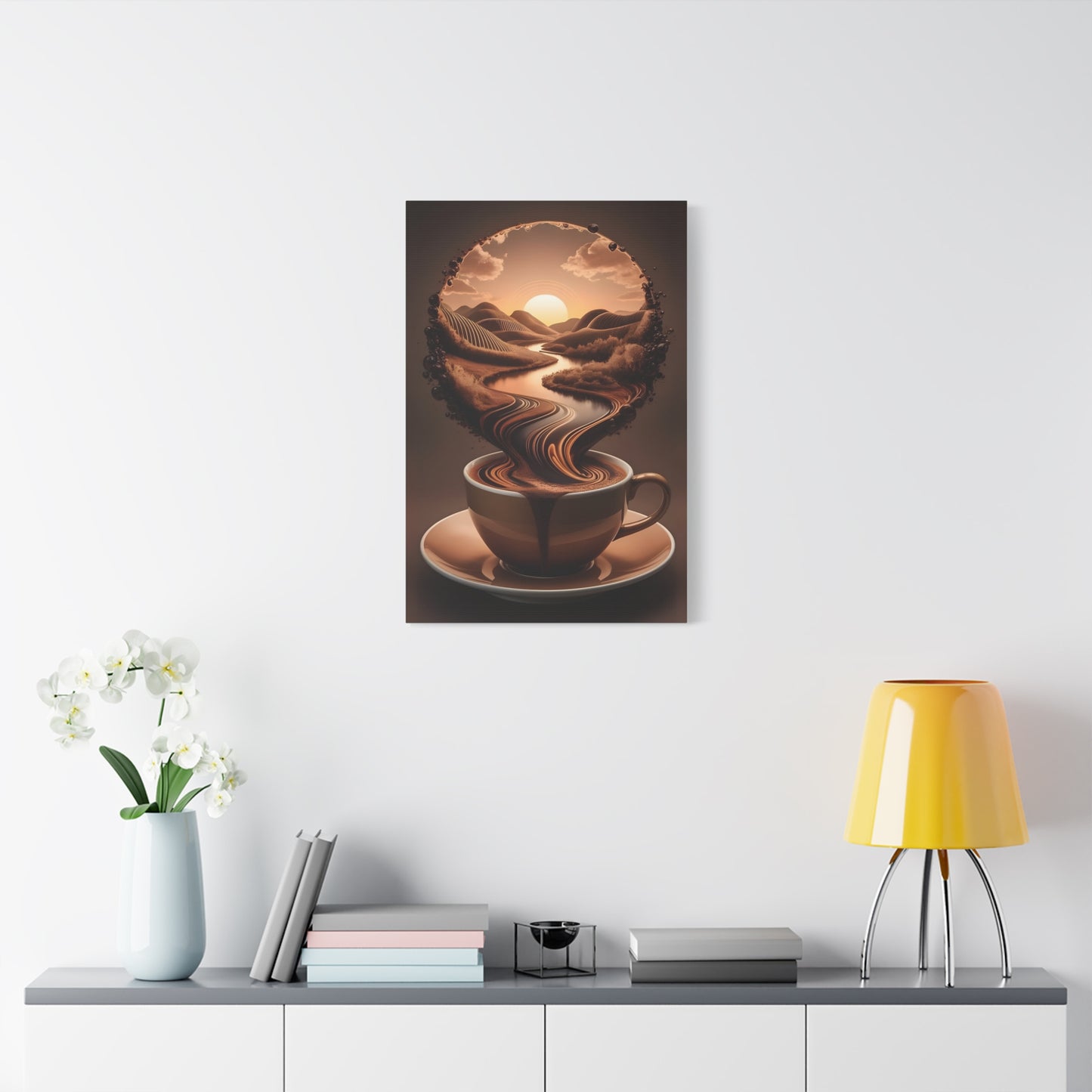 Coffee Art Wall Canva Print – Surreal Sunset Landscape in a Cup - Modern Kitchen & Café Decor