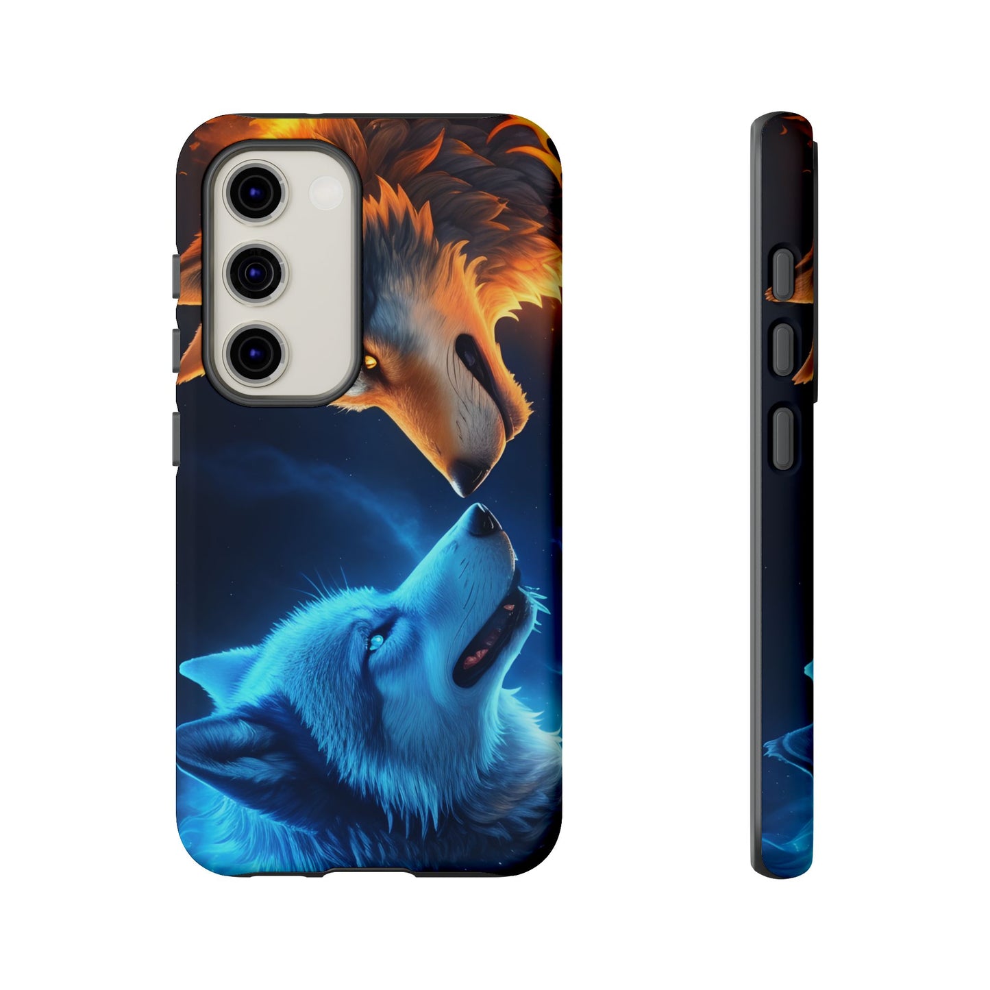 Fire Wolf and Ice Wolf Tough Phone Case – Dual Element Wolf Design, Protective Cover for Animal Lovers