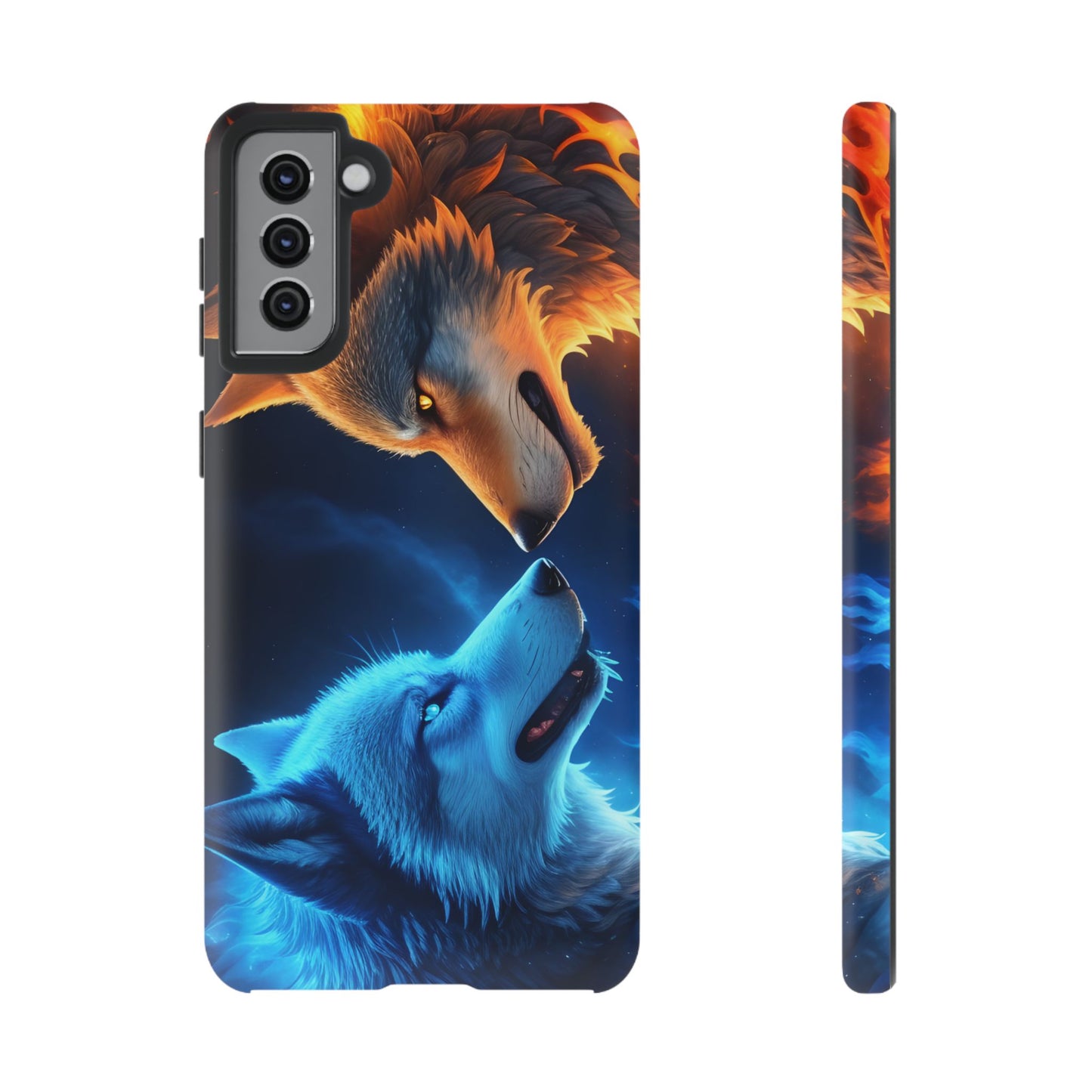 Fire Wolf and Ice Wolf Tough Phone Case – Dual Element Wolf Design, Protective Cover for Animal Lovers