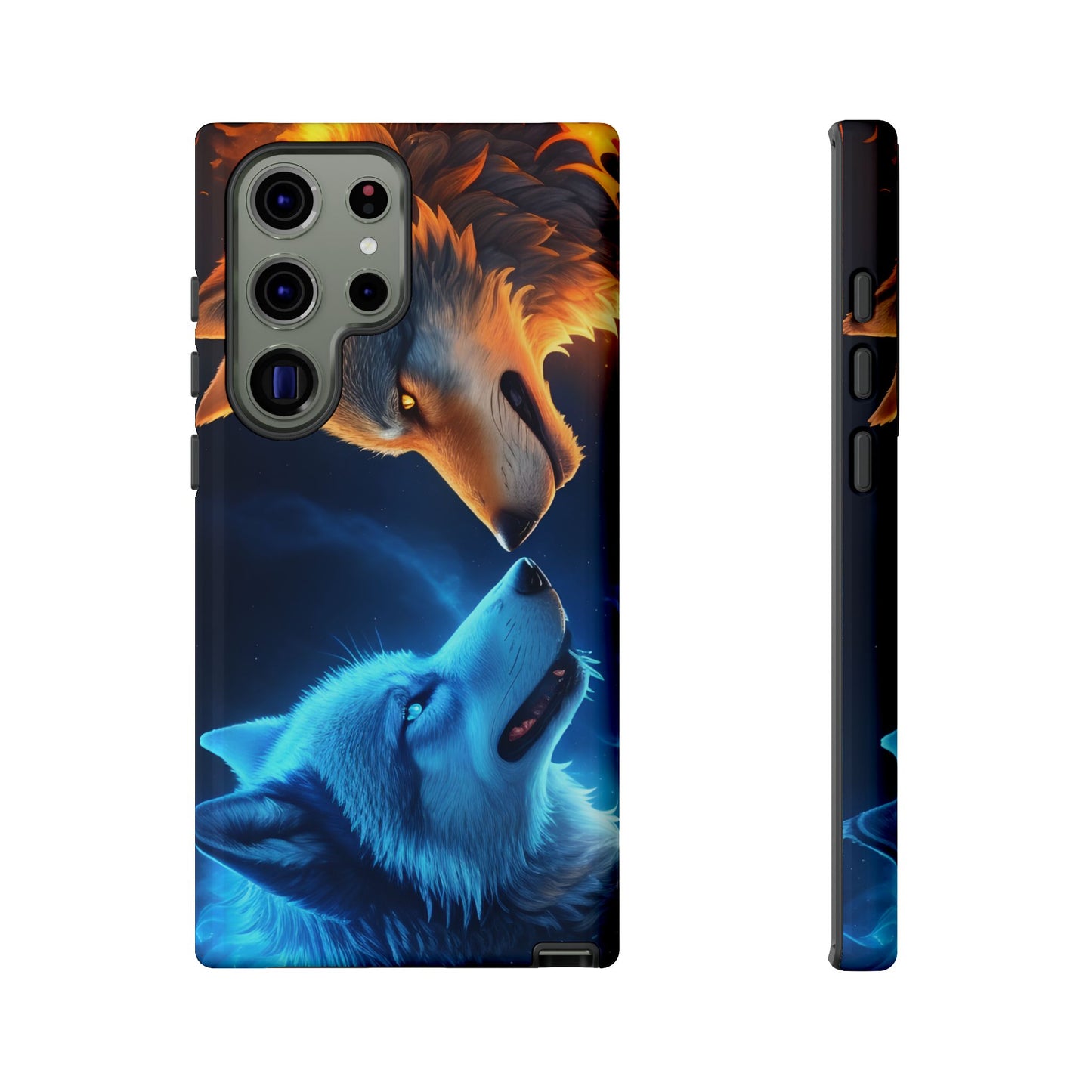 Fire Wolf and Ice Wolf Tough Phone Case – Dual Element Wolf Design, Protective Cover for Animal Lovers