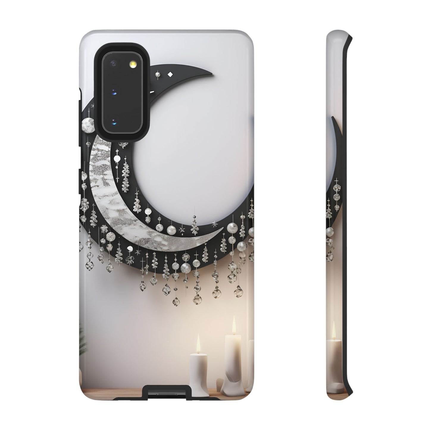 Christmas Crescent Phone Case – Diamond Hanging & Candle Art, Festive Holiday Design Protective Cover