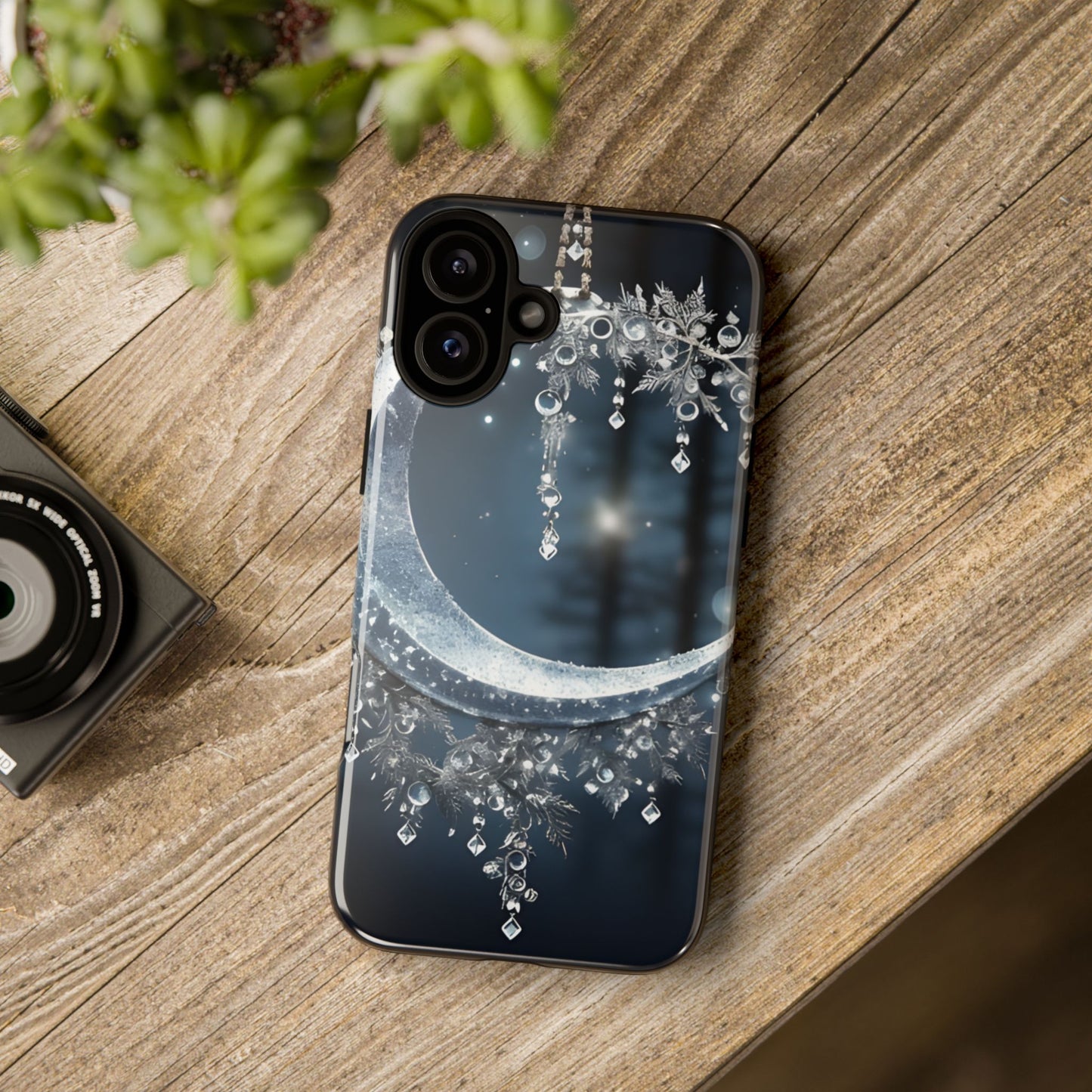 Christmas Ice Crescent Phone Case – Ice Diamond Hanging & Candle Art, Festive Holiday Design Protective Cover