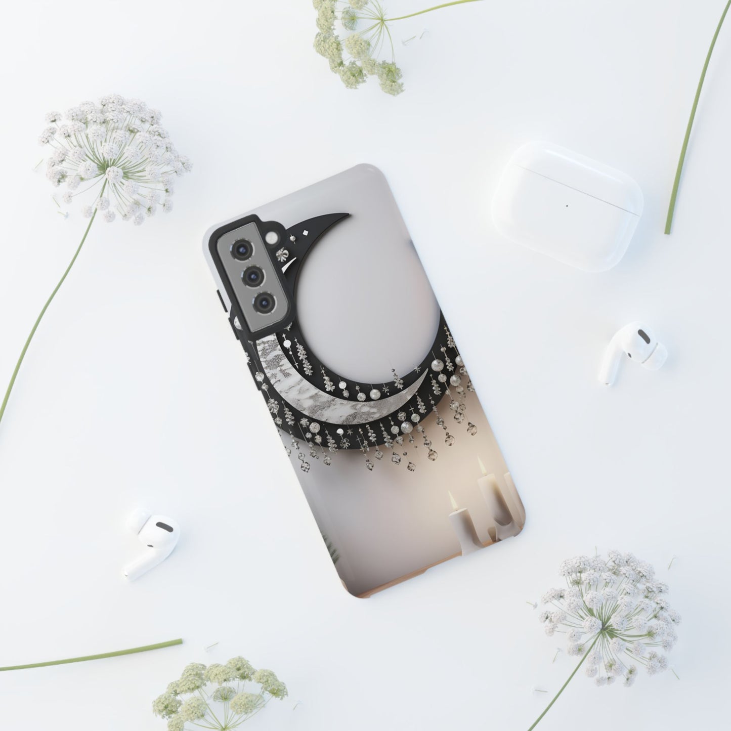 Christmas Crescent Phone Case – Diamond Hanging & Candle Art, Festive Holiday Design Protective Cover