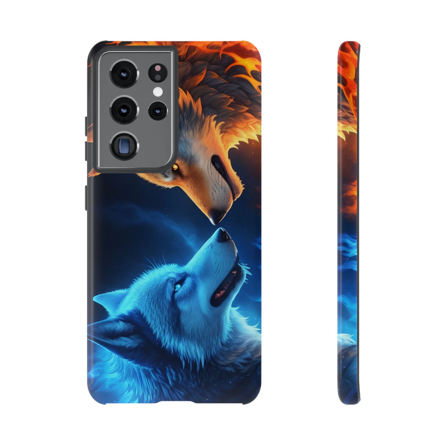 Fire Wolf and Ice Wolf Tough Phone Case – Dual Element Wolf Design, Protective Cover for Animal Lovers