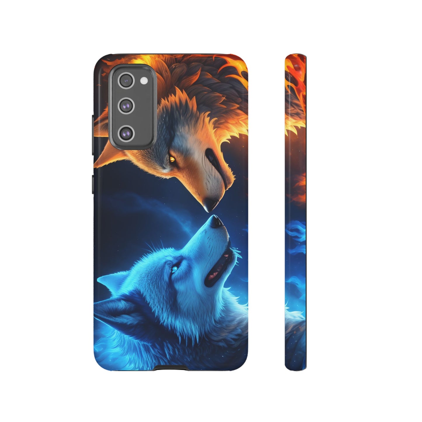 Fire Wolf and Ice Wolf Tough Phone Case – Dual Element Wolf Design, Protective Cover for Animal Lovers