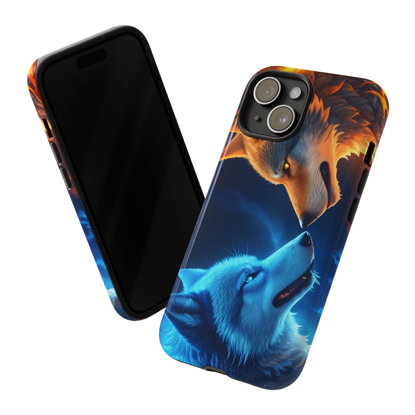 Fire Wolf and Ice Wolf Tough Phone Case – Dual Element Wolf Design, Protective Cover for Animal Lovers