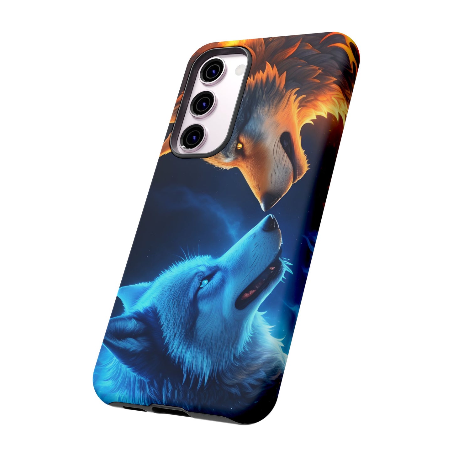 Fire Wolf and Ice Wolf Tough Phone Case – Dual Element Wolf Design, Protective Cover for Animal Lovers