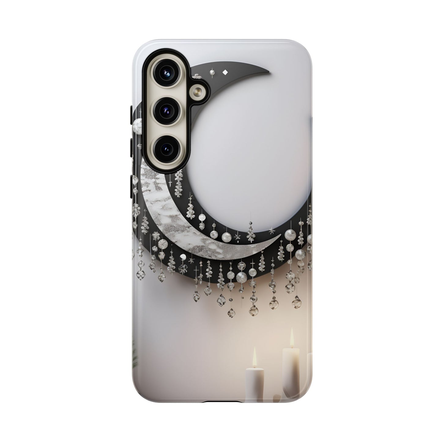 Christmas Crescent Phone Case – Diamond Hanging & Candle Art, Festive Holiday Design Protective Cover