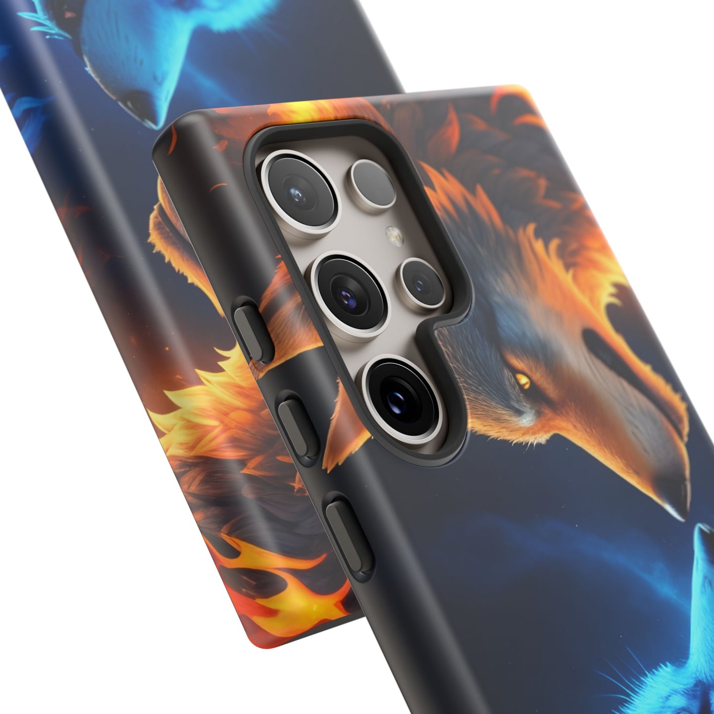 Fire Wolf and Ice Wolf Tough Phone Case – Dual Element Wolf Design, Protective Cover for Animal Lovers