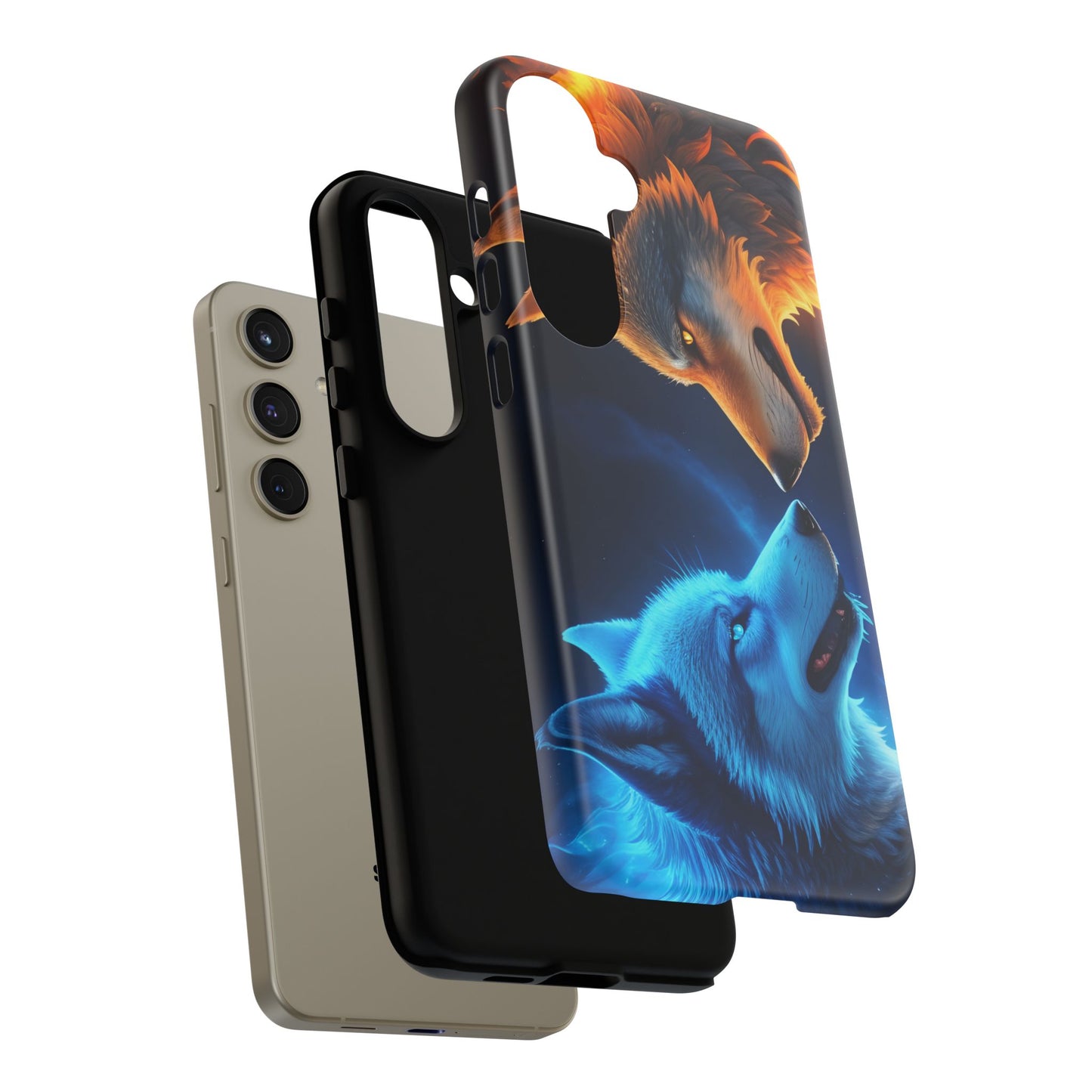 Fire Wolf and Ice Wolf Tough Phone Case – Dual Element Wolf Design, Protective Cover for Animal Lovers