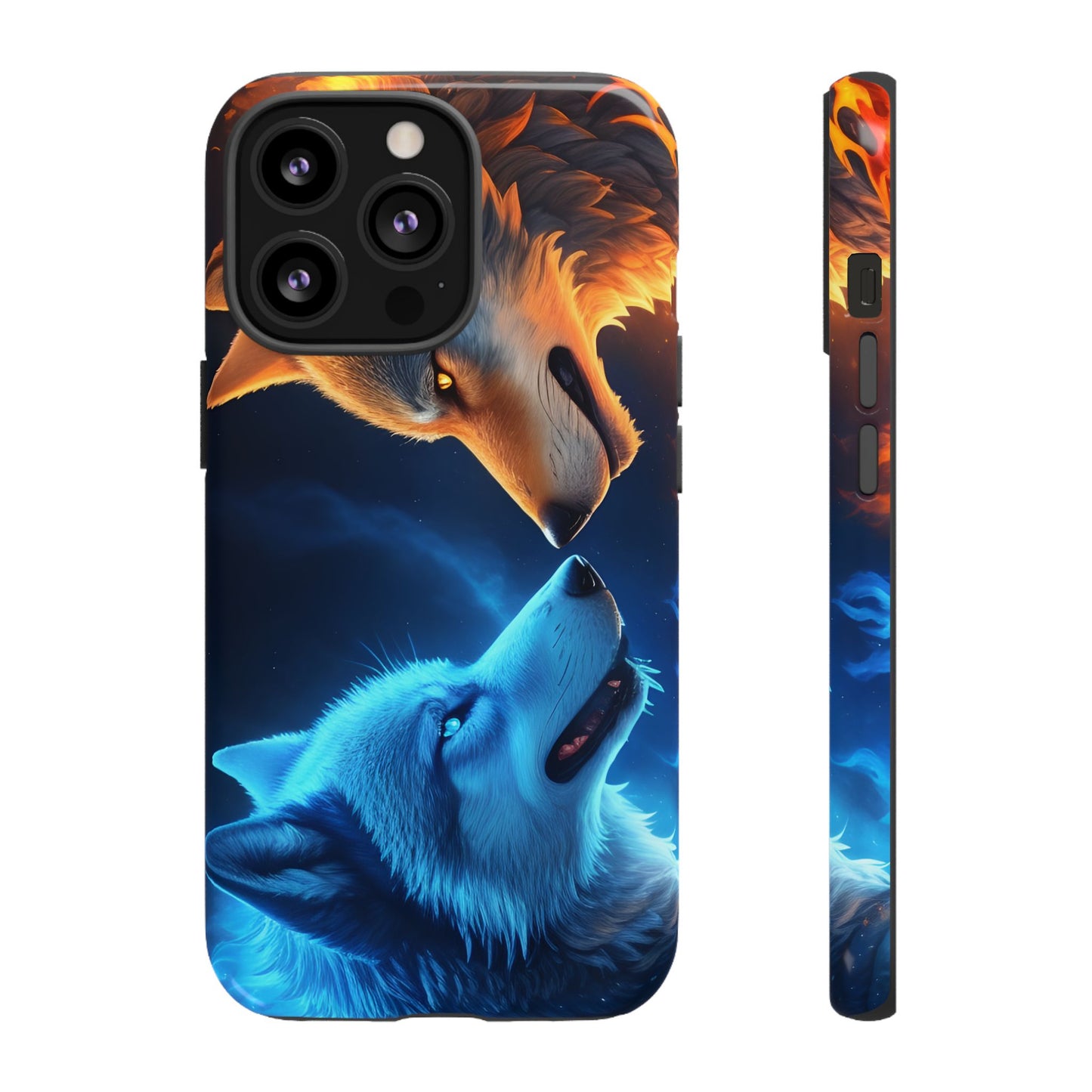 Fire Wolf and Ice Wolf Tough Phone Case – Dual Element Wolf Design, Protective Cover for Animal Lovers