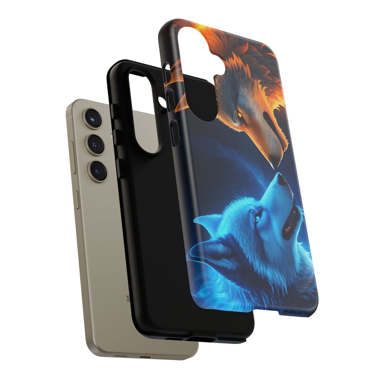 Fire Wolf and Ice Wolf Tough Phone Case – Dual Element Wolf Design, Protective Cover for Animal Lovers