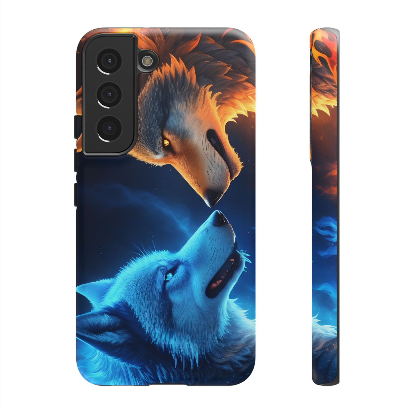 Fire Wolf and Ice Wolf Tough Phone Case – Dual Element Wolf Design, Protective Cover for Animal Lovers