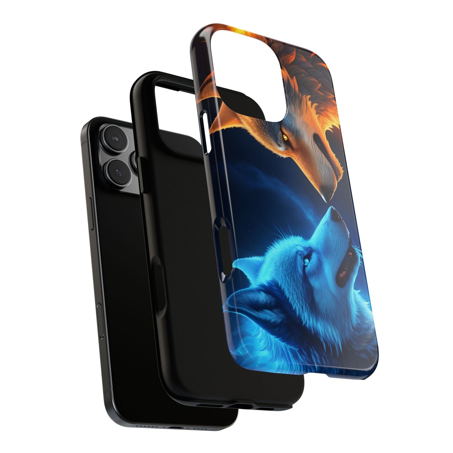 Fire Wolf and Ice Wolf Tough Phone Case – Dual Element Wolf Design, Protective Cover for Animal Lovers