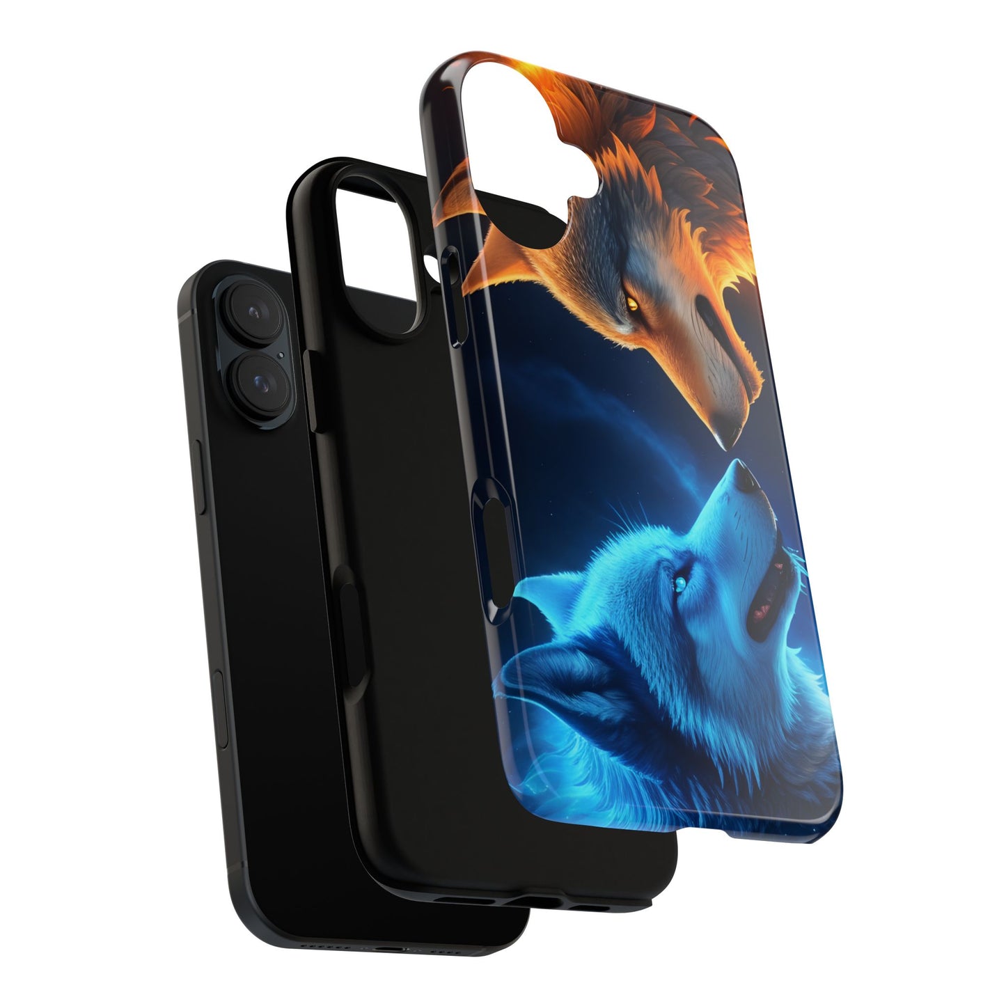 Fire Wolf and Ice Wolf Tough Phone Case – Dual Element Wolf Design, Protective Cover for Animal Lovers