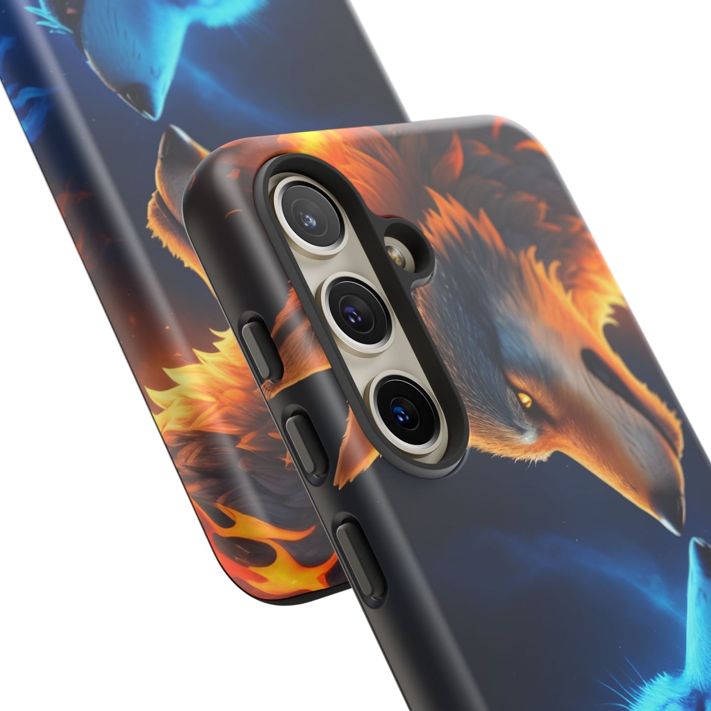 Fire Wolf and Ice Wolf Tough Phone Case – Dual Element Wolf Design, Protective Cover for Animal Lovers