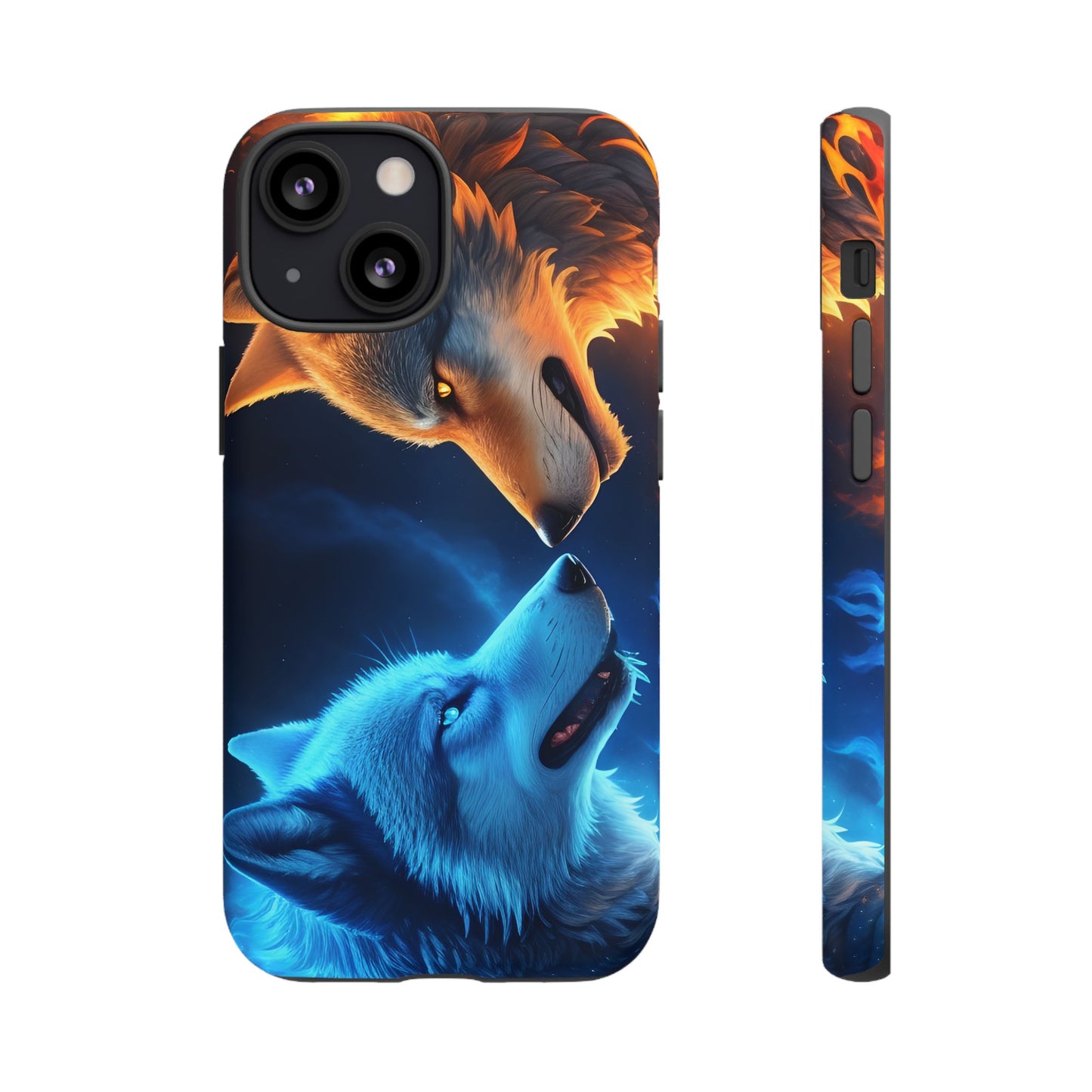 Fire Wolf and Ice Wolf Tough Phone Case – Dual Element Wolf Design, Protective Cover for Animal Lovers